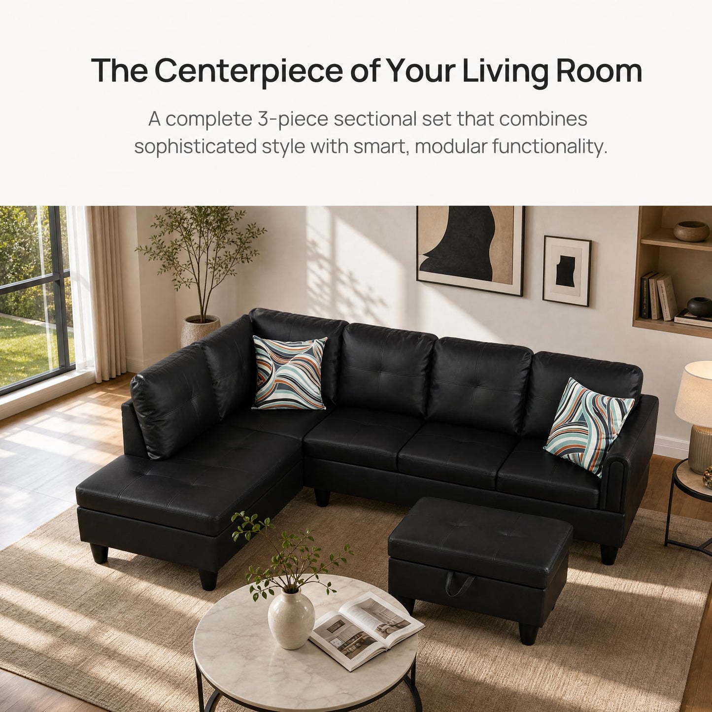 NicBex Sectional Couch 3 Pieces Sofa Set, L-Shaped Modular Couches for Living Room, Furniture Sets with Lounge Chaise & Storage Ottoman, Multi-Scene Use for Apartment & Office, Black