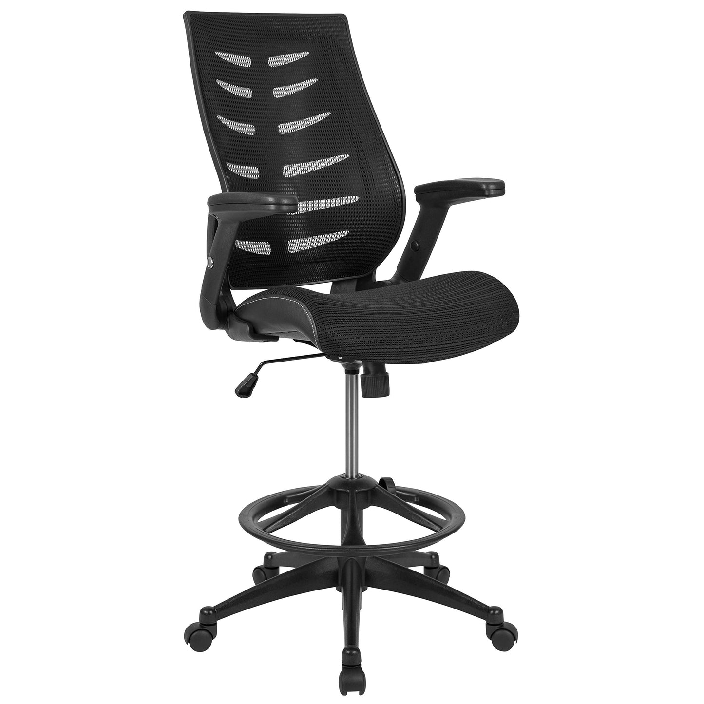 Flash Furniture Kale High-Back Ergonomic Mesh Office Chair with Flip-Up Arms and Adjustable Foot Ring, Spine-Back Tall Executive Swivel Chair, Black