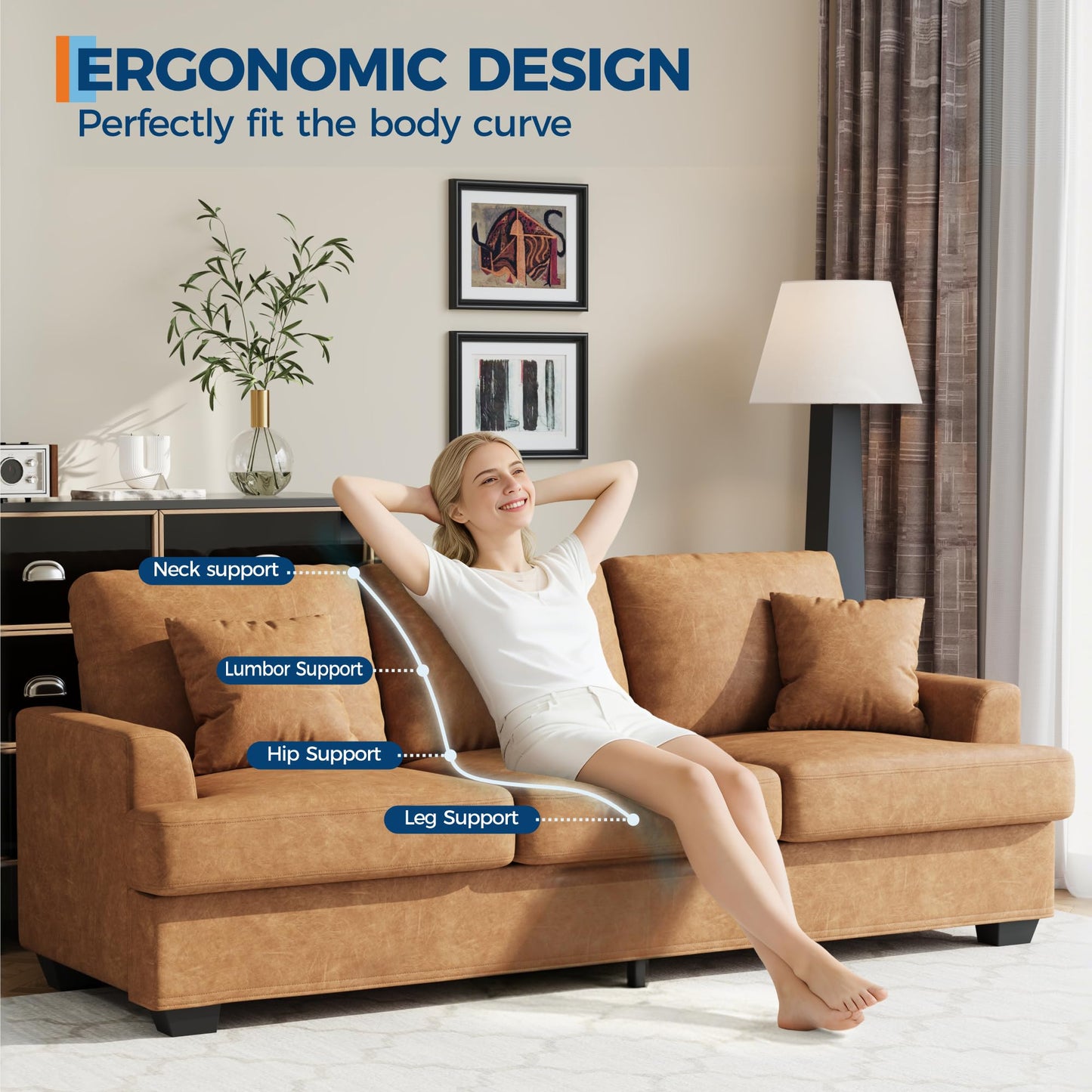Garvee 86" Faux Leather Sofa, Modern Deep Seat Couch with 2 Throw Pillows, Upholstered Cushion & Removable Cover, Comfy Leather Couch for Small Space, Apartment, Living Room Lounge, Brown