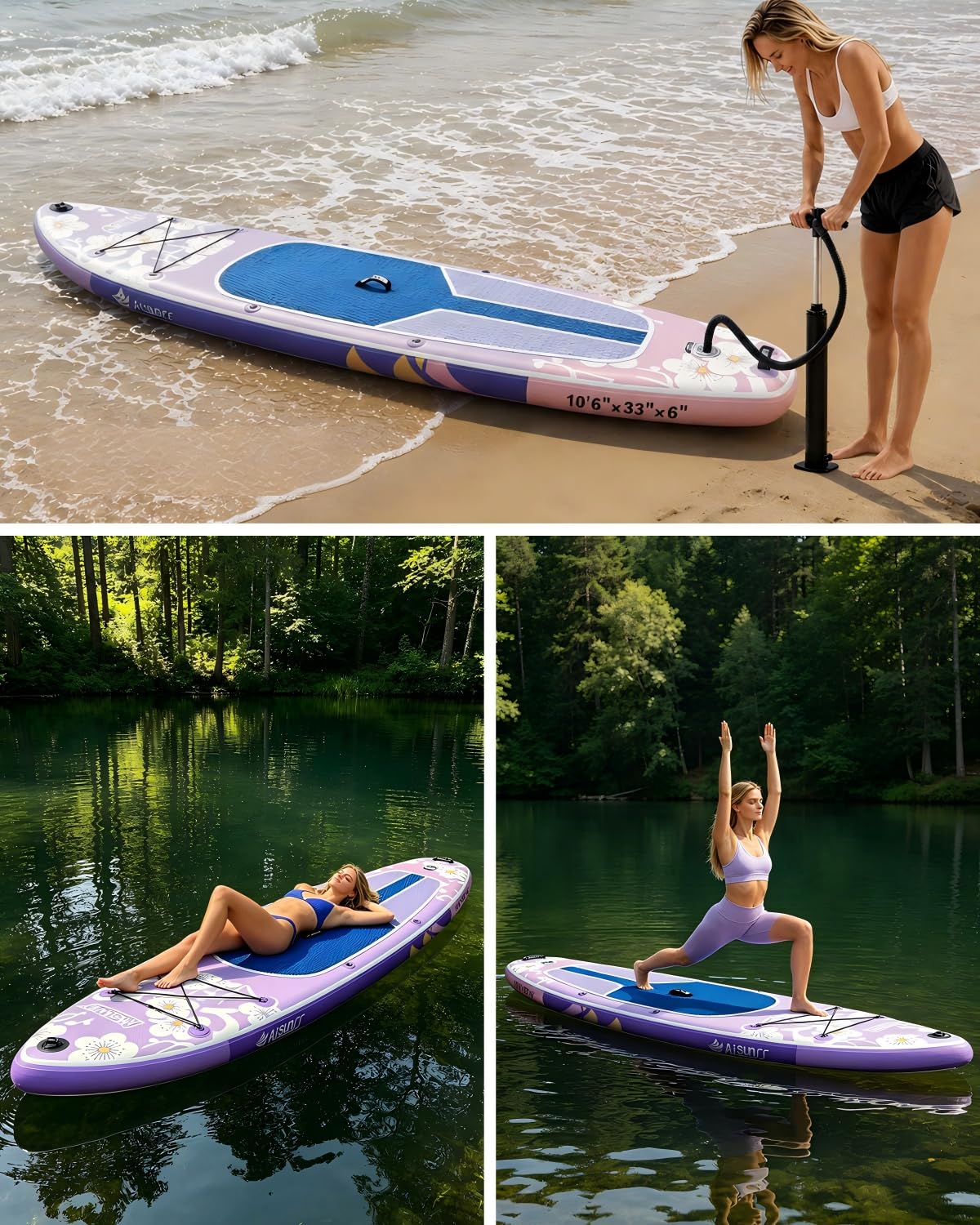 AISUNSS Inflatable Paddle Board for Adult, Paddle Board for All Skill Levels, Wide SUP Board with Primium Accessories Include SUP Carry Bag, Hand Pump, 10L Waterproof Bag (Flowers Light Purple)
