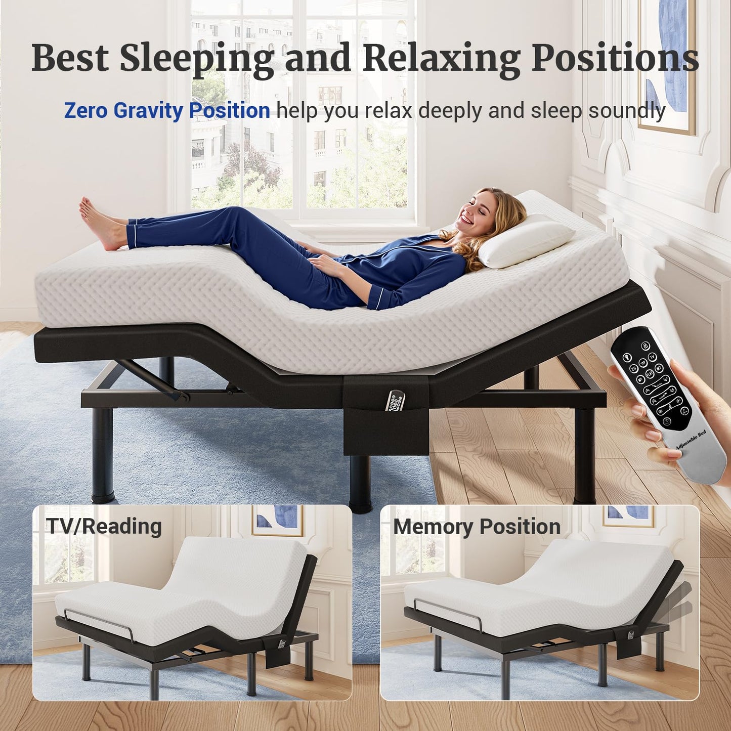 Tami Tami T600 Adjustable Bed Frame Queen Size with Remote & Massage - Electric Beds Bases, Zero Gravity, Dual Side USB, Side Pockets, Nightlight, Quiet Motor, Wireless Remote, 5 Min Easy Assembly