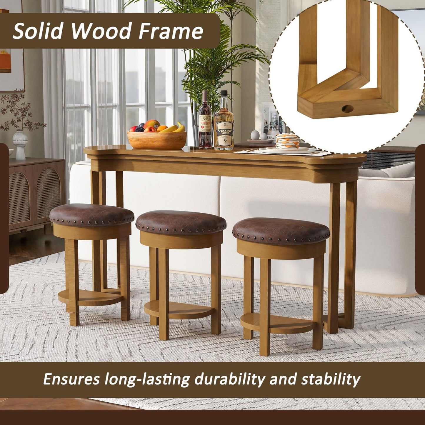 KEIKI 60" Solid Pine Wood Bar Table Set with 3 PU Stools Chairs, Long Bar High Top Dining Table & Upholstered Stools, Behind Couch Sofa Counter Height Pub Table for Breakfast, Kitchen Living Room