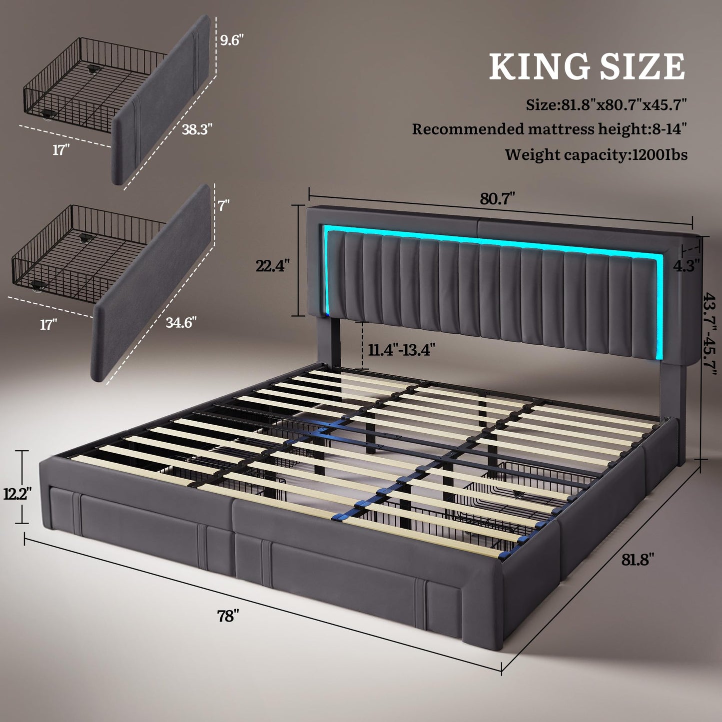 DWVO King Size Bed Frame with Adjustable Headboard, 4 Storage Drawers and RGB LED Lights, Velvet Upholstered Platform Bed with USB Ports, No Box Spring Needed, Fast Assembly, Noise-Free, Dark Grey