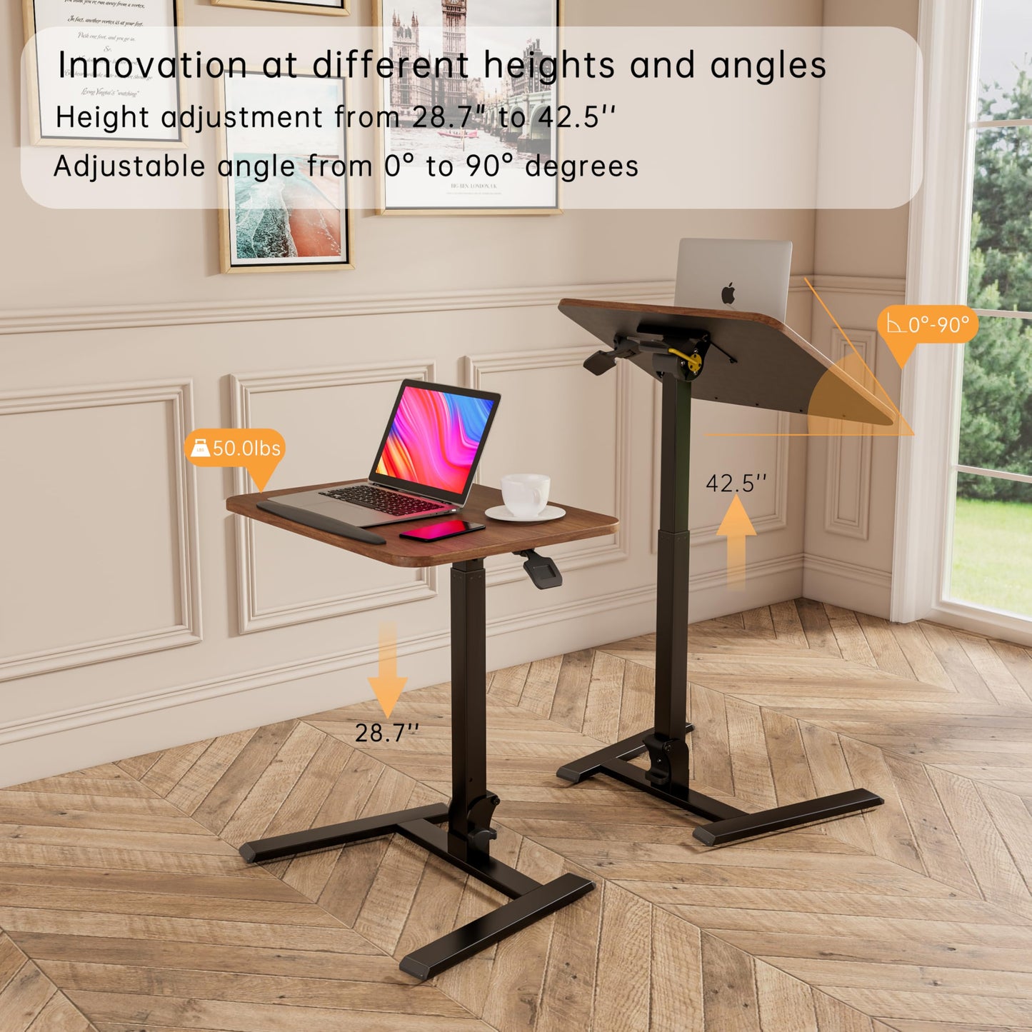alawooder 25 Inch Mobile Folding Desk - No Assembly, Pneumatic Sit-Stand, 29-42" Height Adjustable Rolling Laptop Desk with Hidden Wheels, 0-90° Tilt Top for Home Office, Craft & Study