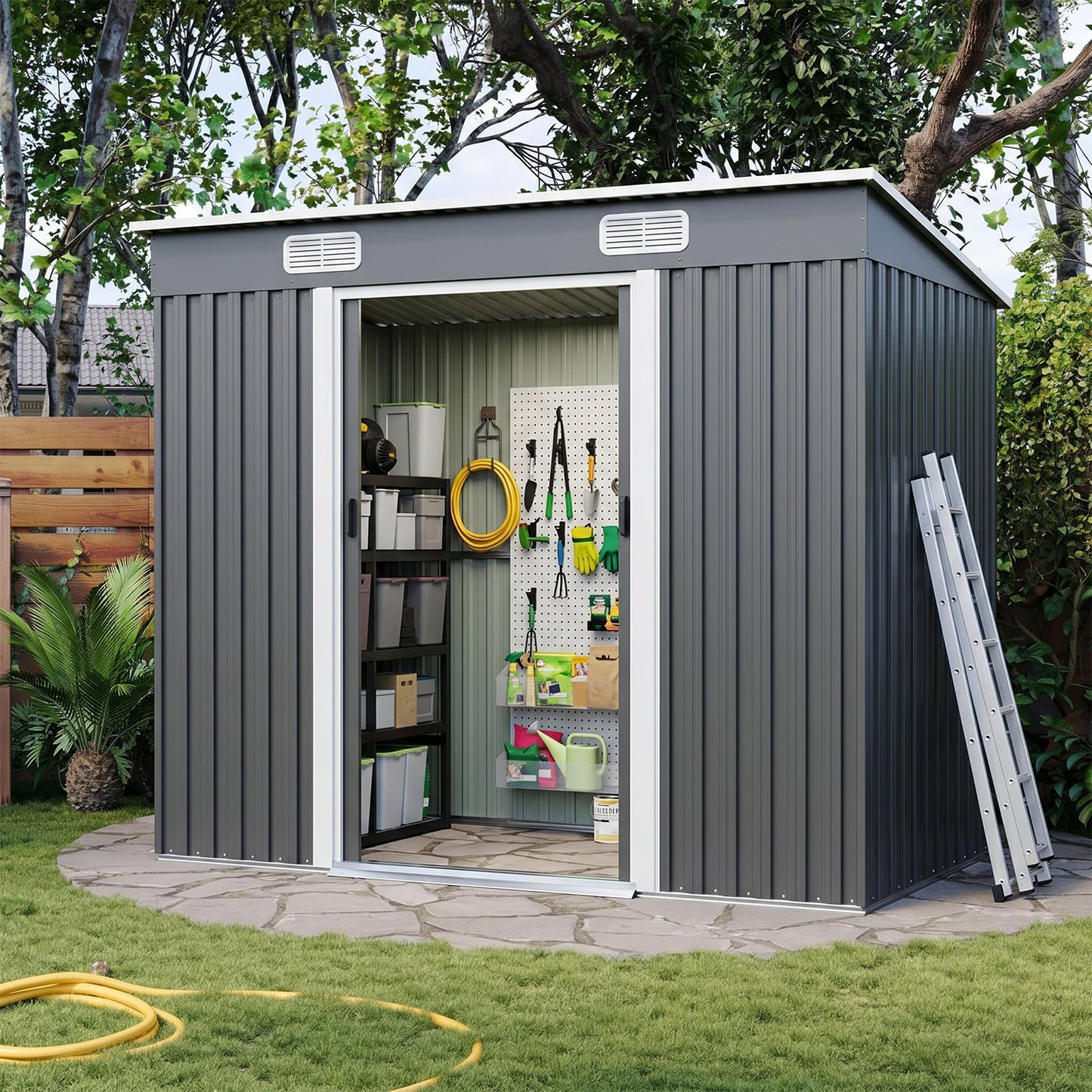 4x8 Metal Storage Shed Outdoor Steel Garden Tool Shed Metal shed with Sliding Door for Backyard, Lawn, Patio Yard, Grey