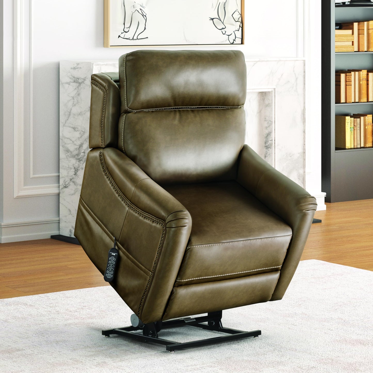 Furniture of America Starbright Faux Leather Power Lift Recliner Chair with Patented Power Headrest, Lumbar System and Footrest Extension for Living Room, Bedroom, Brown