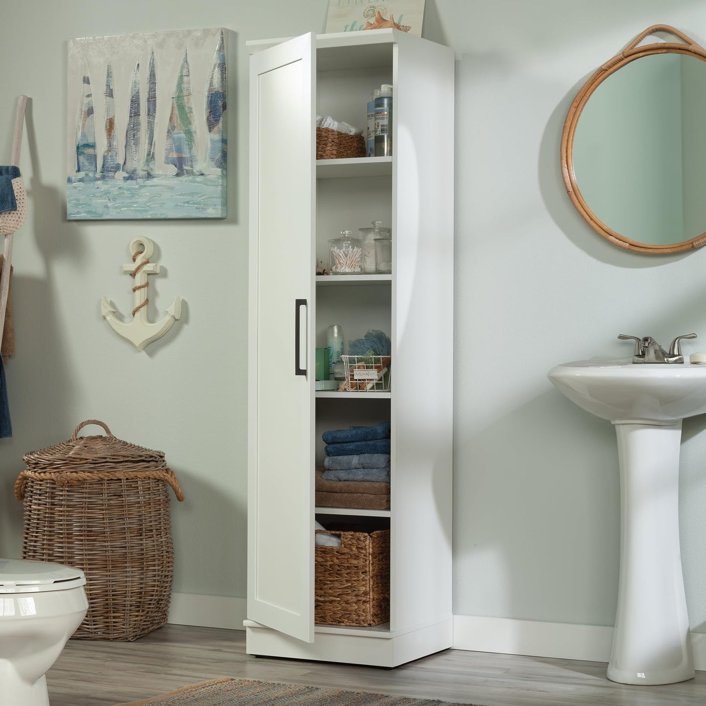 Sauder HomePlus Narrow Pantry Storage Cabinet Slim Single Door with Adjustable Shelves, Kitchen Storage Cabinet, in Soft White