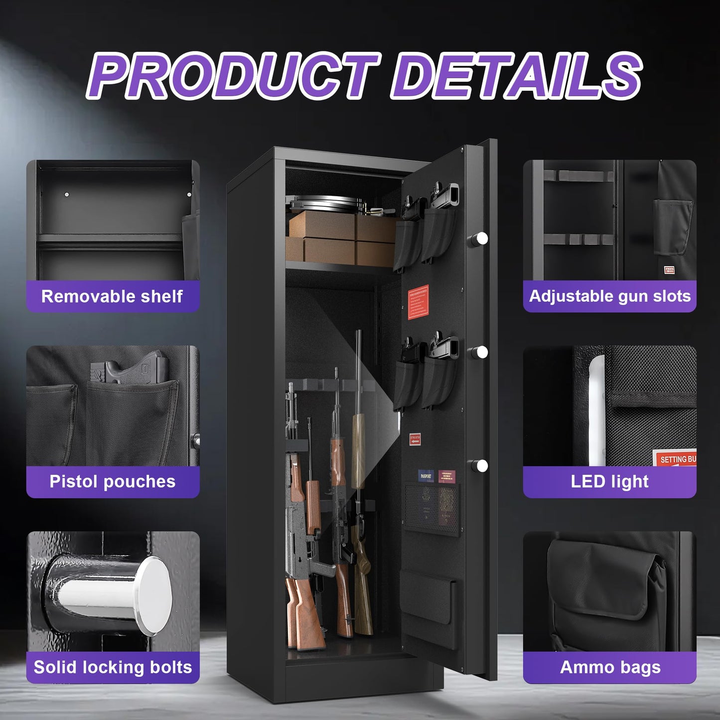 8-10 Gun Safe for Rifles and Pistols, Gun Cabinets for Rifles and Shotguns, Long Gun Safe for Home Rifle and Pistols with Dual Alarm & Mute Mode, Gun Cabinet with Quick Access and Gun Rack