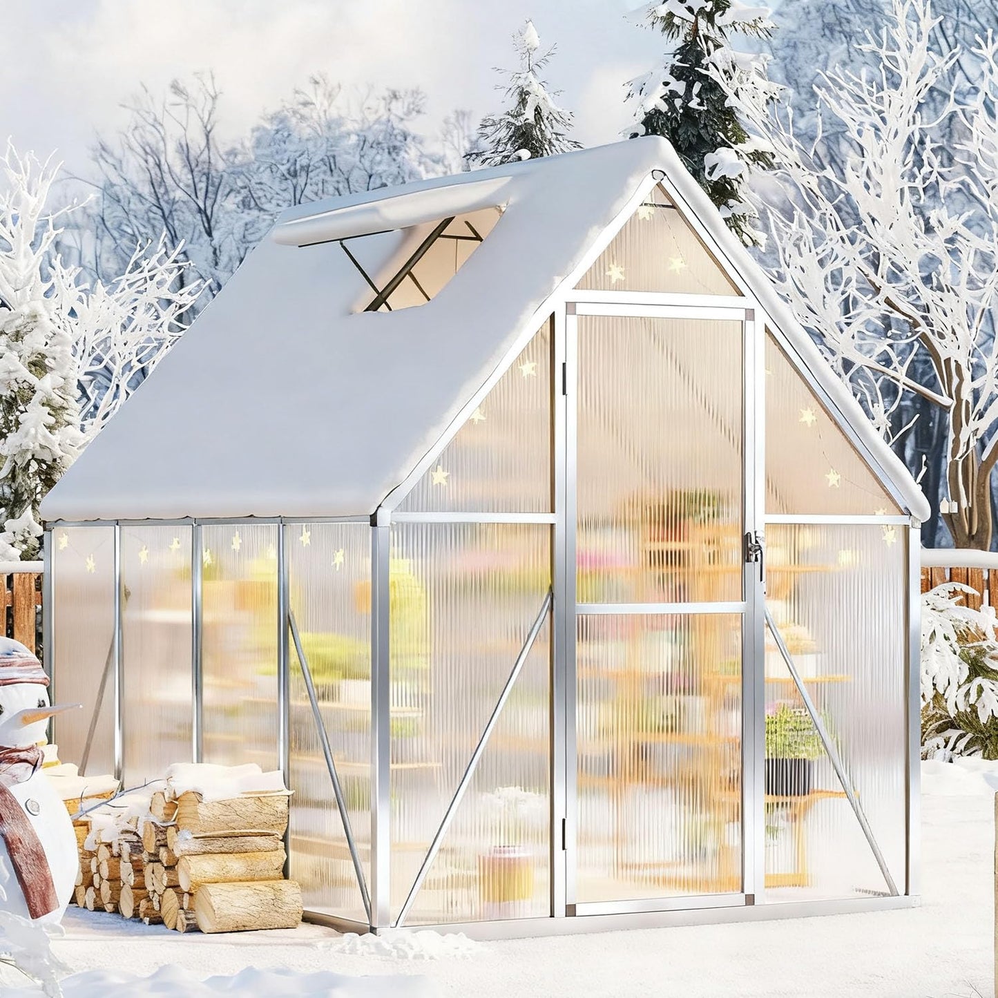 GAOMON 6x7 FT Outdoor Greenhouse with Roof Vent, Heavy Duty Aluminum Polycarbonate Greenhouses, Easy Assembly, Lockable Door, Large Walk-in Greenhouse for Patio, Backyard, Garden
