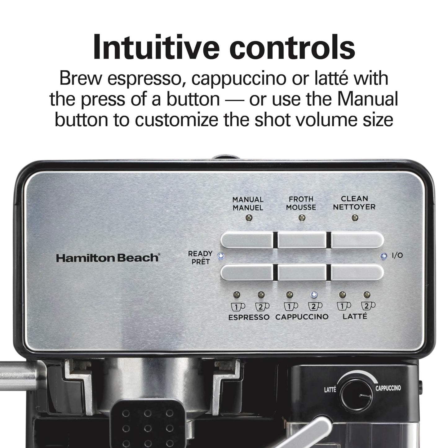 Hamilton Beach Slide and Lock Espresso Machine, Programmable Coffee Maker for Café-Quality Cappuccino & Latte, 15 Bar Pump, Milk Frother Steamer Wand, 70 oz. Removable Reservoir, Black (40750)