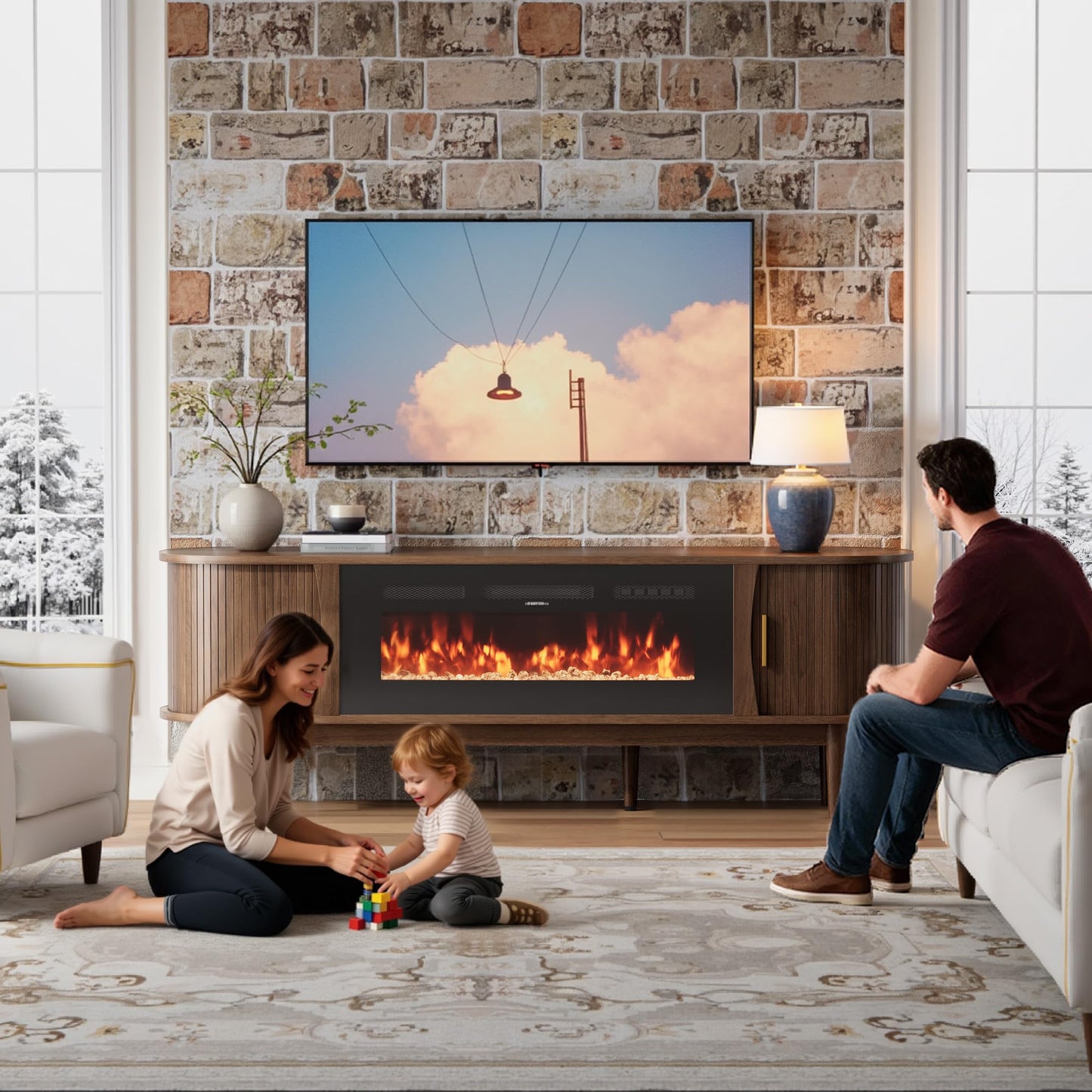 Decofy 70″ Fluted Fireplace TV Stand for 80″ TVs, Remote & Touch Control Adjustable Flame Colors & Temperature, Entertainment Center with Storage, Modern Media TV Console Table for Living Room(Walnut)