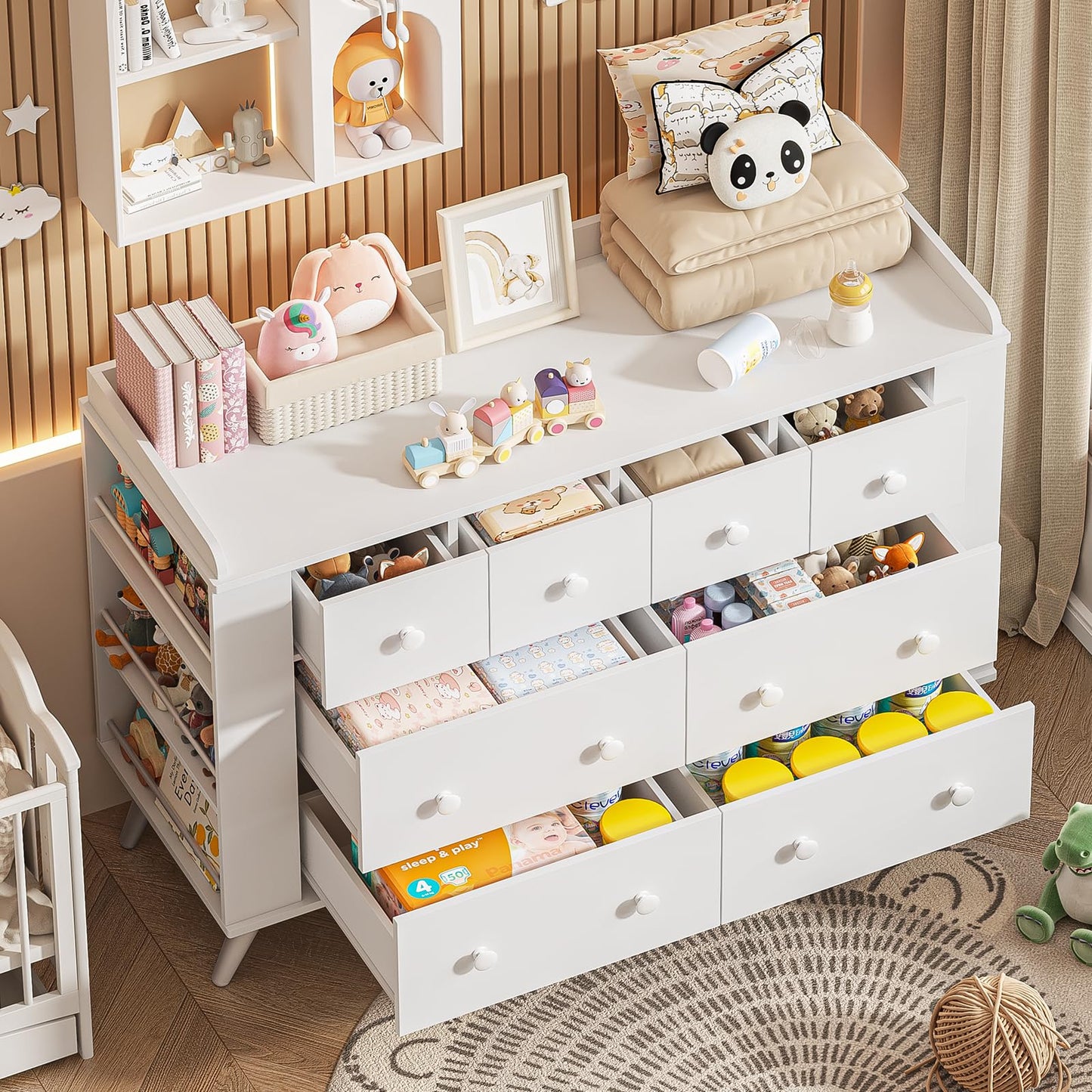 Vabches Kids Dresser Cabinet with 8 Drawers, Changing Table for Nursery, White Chest of Drawers with Open Shelving, Baby Dresser, Kids Bedroom Furniture, Nightstand for Child' s Room, White