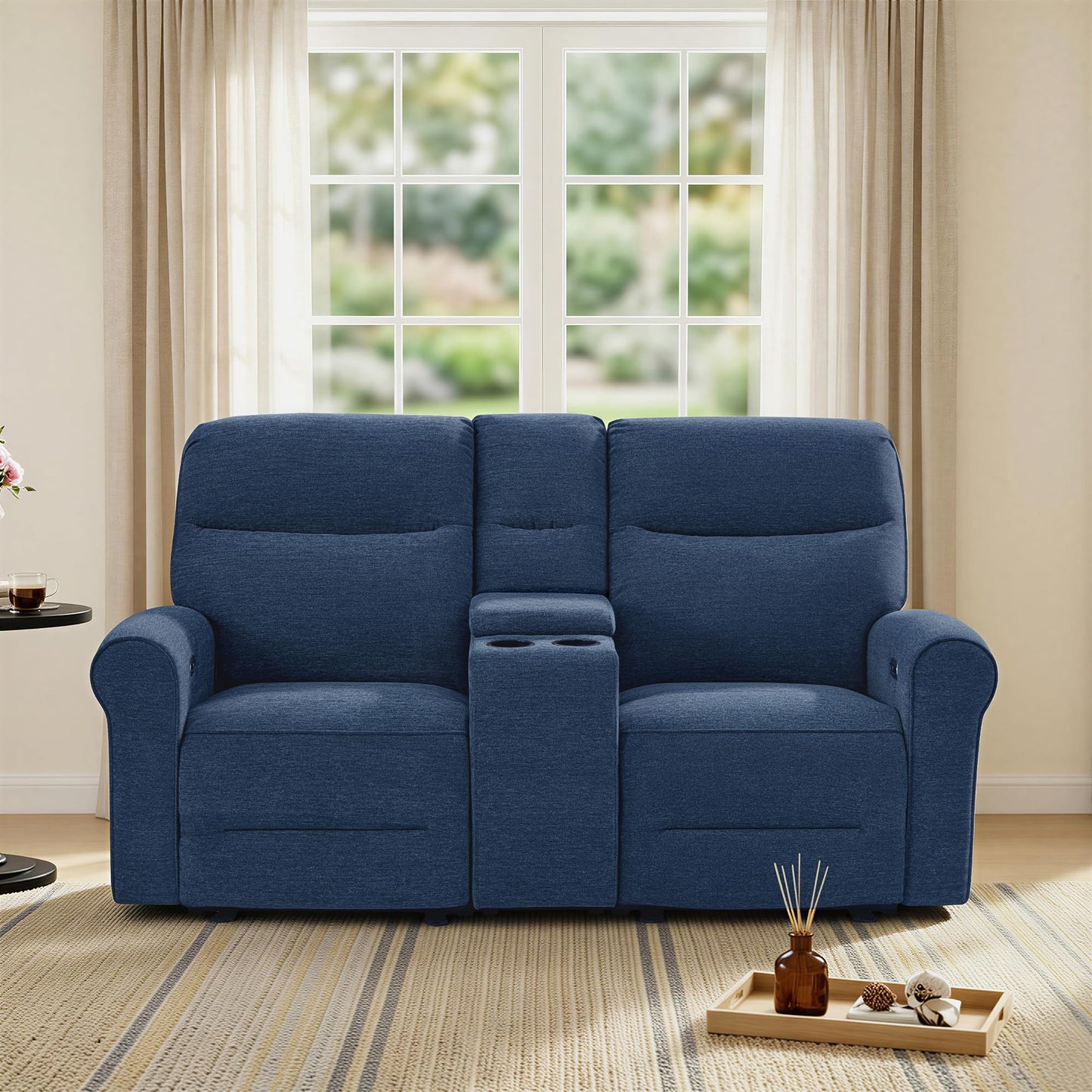 MCombo 78.3" Wall Hugger Power Loveseat Recliner Sofa with Console, Reclining Loveseat with USB Ports, Cup Holders, for Small Spaces Living Room RV, Fabric PR635M2 (Navy Blue)