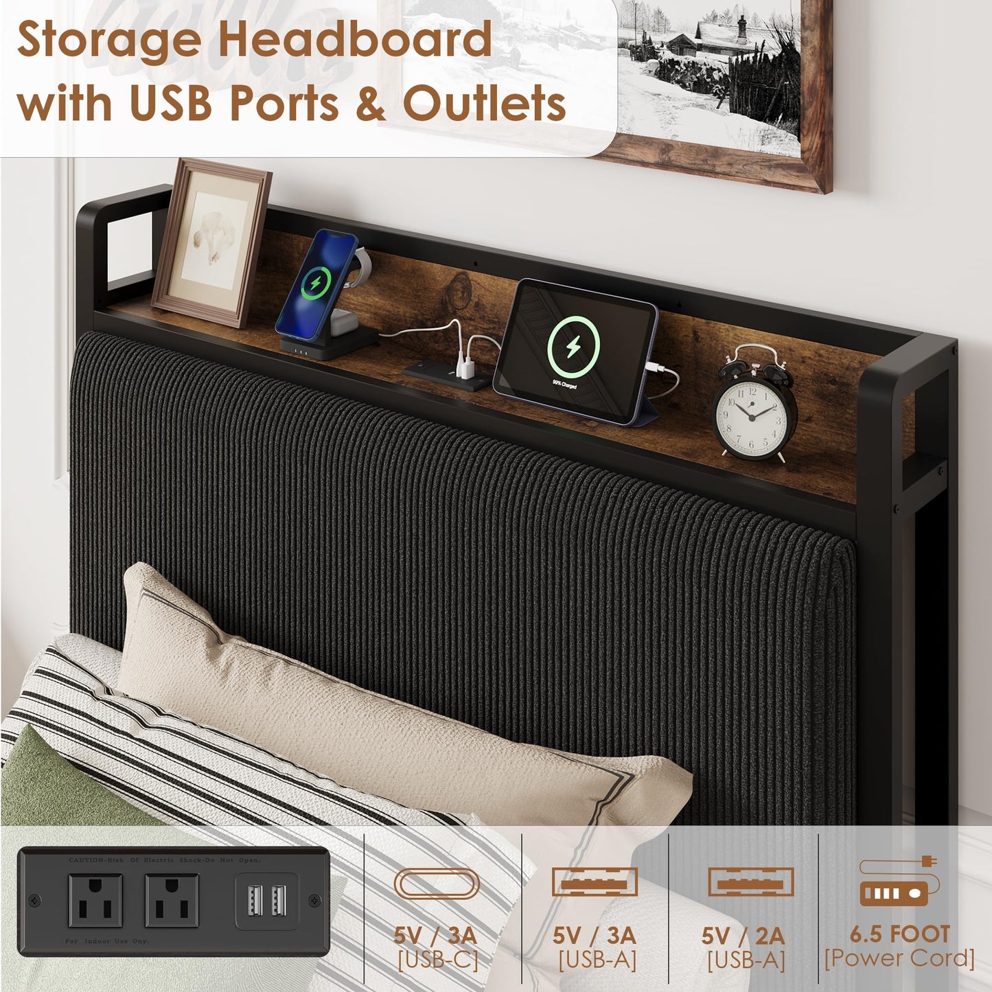 Garvee Twin Size Bed Frame with 2 Storage Drawers and Charging Station, Rustic Linen Upholstered Platform Bedframe with Storage Headboard, No Box Spring Needed, Easy Assembly, Noise Free-Black