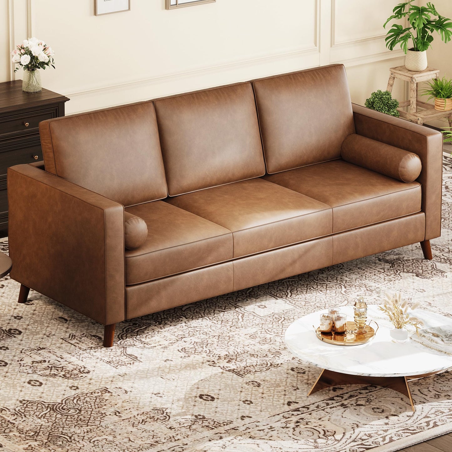 IDEALHOUSE Leather Couch 81 inch, Mid Century Modern Sofa 3 Seater with Deep Seat & Removable Cushions, Faux Leather Chesterfield Couch for Living Room, Office, Brown