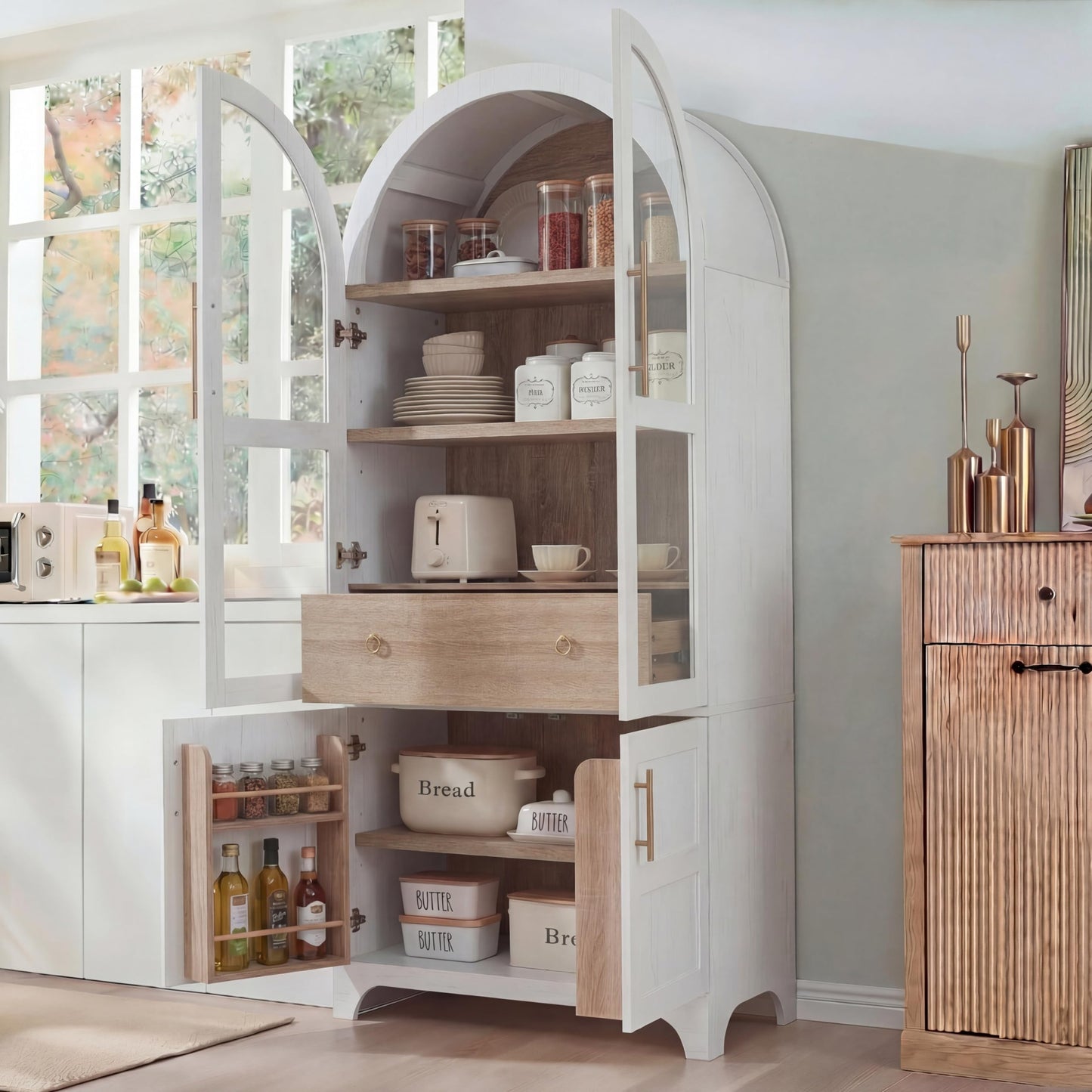 Merax 71" Farmhouse Arched Pantry Cabinet with Glass Doors & Hidden Drawer, Adjustable Shelves Storage Cupboard for Kitchen/Dining Room, White