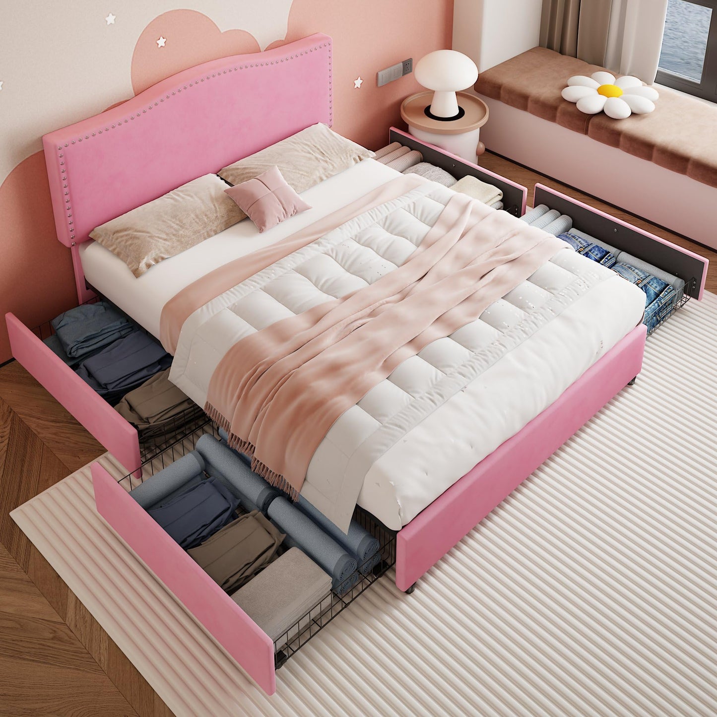 VECELO Queen Bed Frame Platform Bed Frame with Upholstered Headboard, 4 Storage Drawers, Strong Frame and Heavy-Duty Slats Support, Non-Slip and Noise-Free, Easy Assembly,Pink