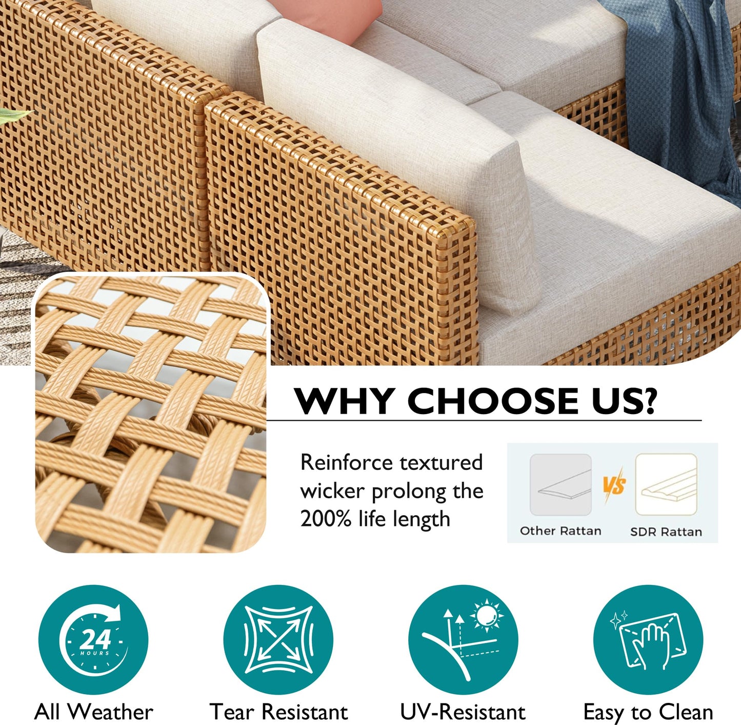YOPTO 7-Piece Outdoor Conversation Sectional Sofa Set with Water Resistant Thick Cushions & Coffee Table,Wicker Patio Furniture Set W/Removable Cushions Cover,DIY Combination,for Porch,Backyard,Beige