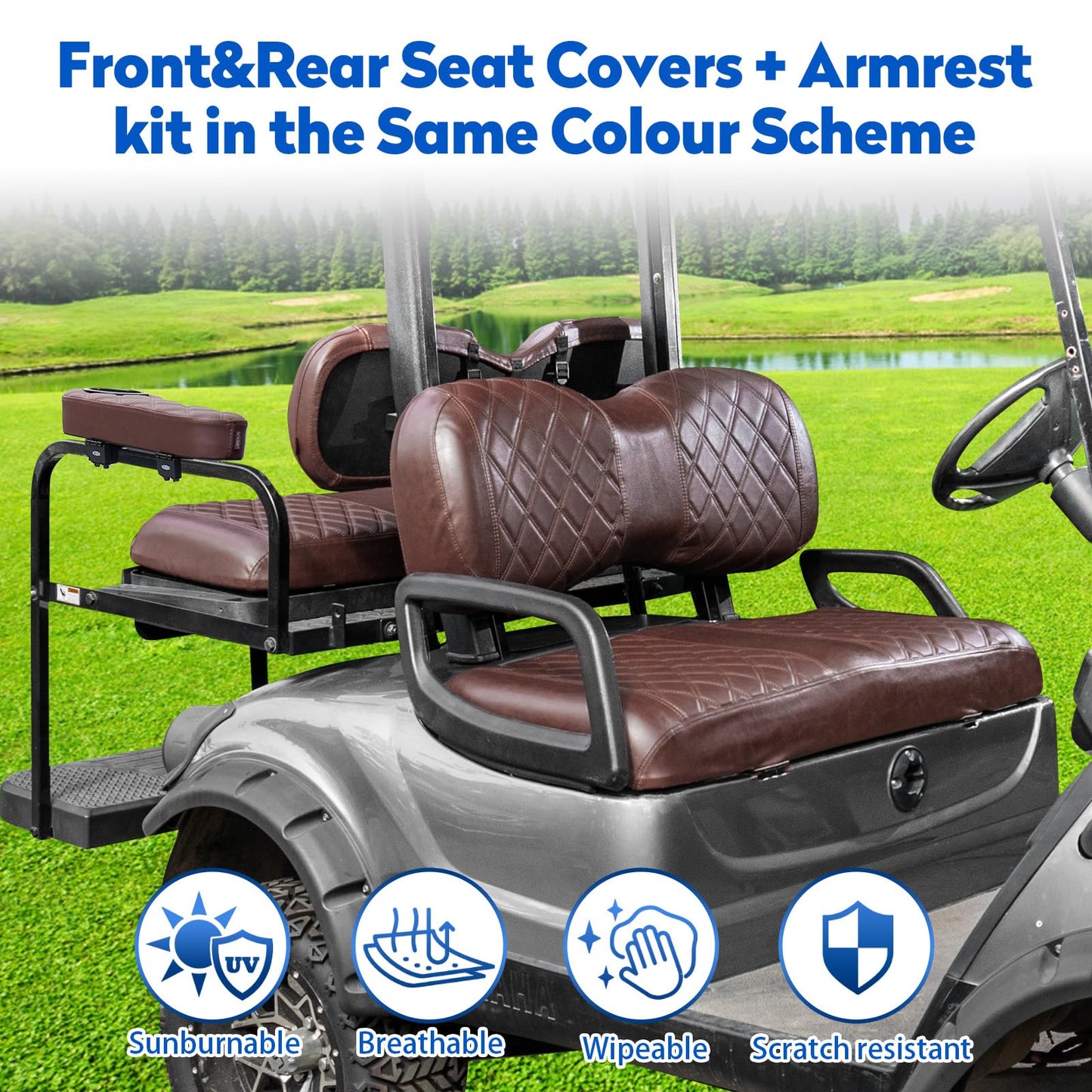 NOKINS Golf Cart Seat Covers for YAMAHA/G29/Drive2, Vinyl Front&Rear Seat Cover with Flip-Up Armrests kit, with Cup Holder, for 1" Square Tube (Brown&Brown 8438)