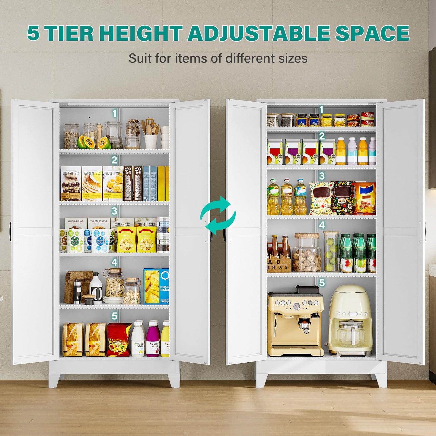 SISESOL Wide & Deep Pantry Storage Cabinet with 2 Doors and 5 Shelves,72" Tall Farmhouse Storage Cabinet,Large Cupboard Closet,White Cabinets for Home,Kitchen,Bathroom,Dining/Living Room