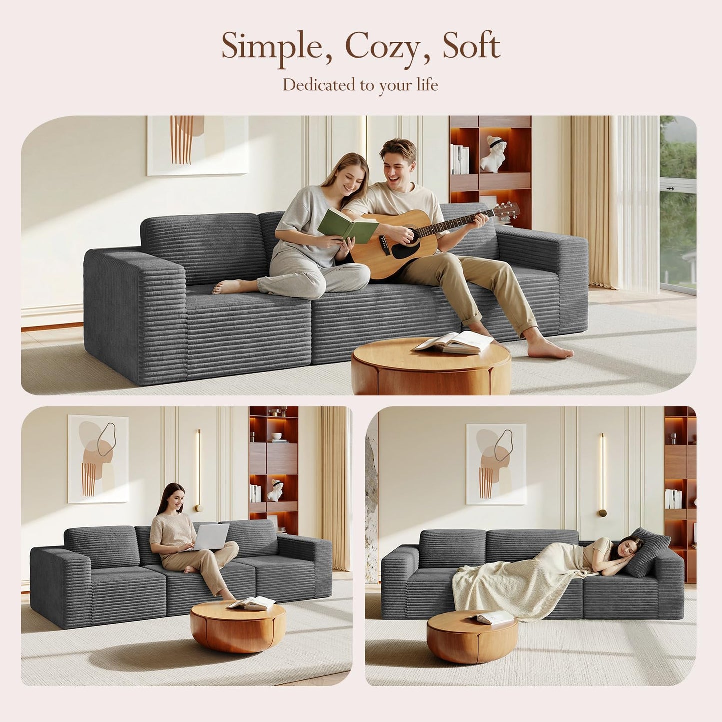 119" Modular Sofa Set, Corduroy Cloud Sectional Couch with Extra Deep Seating & Reinforced Spring System, Compact 3-Seater Boneless Sofa for Living Room & Apartment Spaces, Tool-Free Setup, Grey