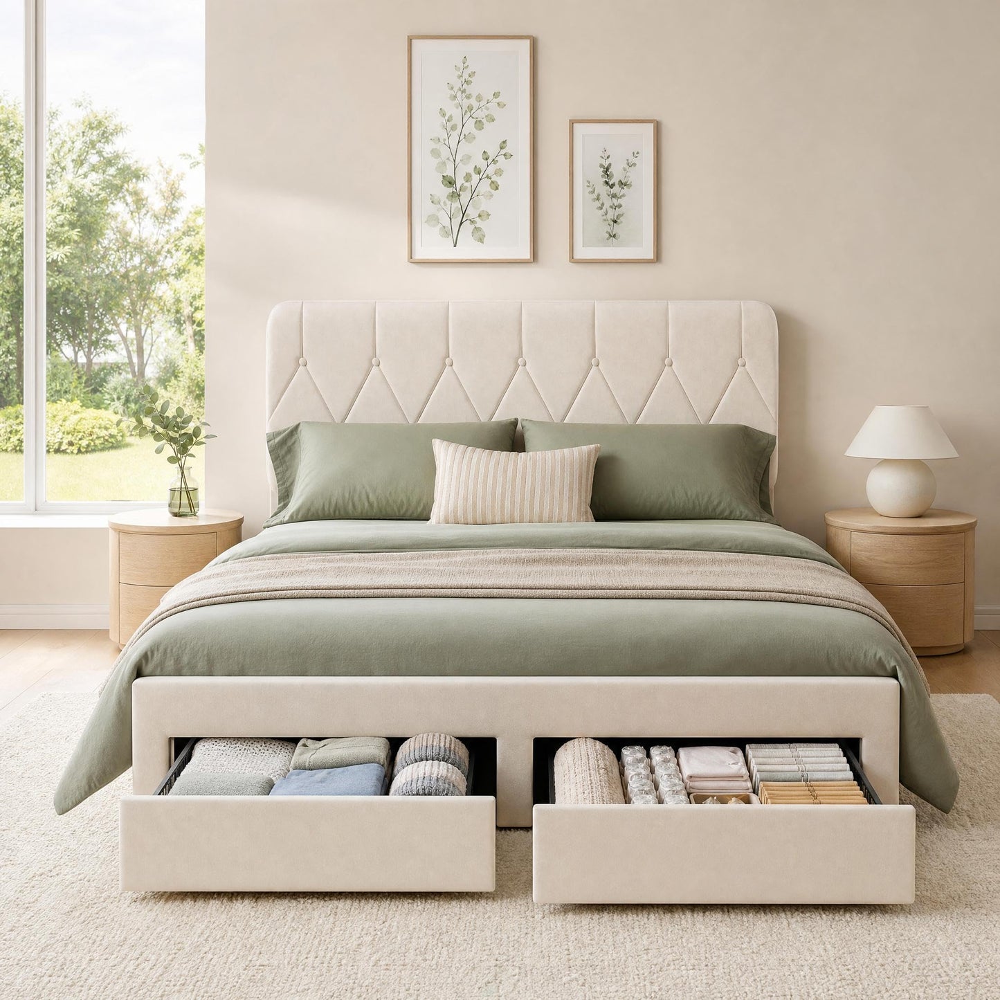 Garvee Full Bed Frame with 2 Storage Drawers, Velvet Upholstered Platform Full Size Bed Frame with Headboard, Wooden Slats Support, No Box Spring Needed, Easy Assembly, Beige