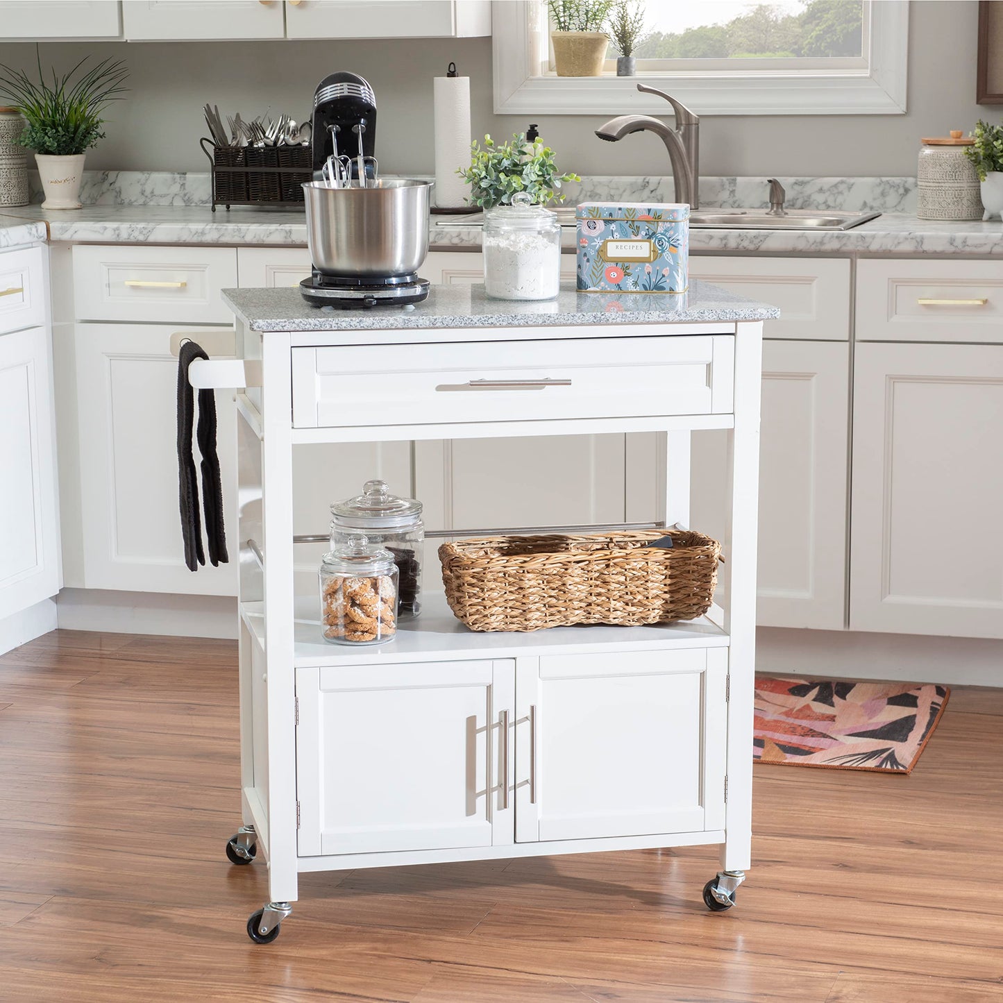 Linon Kyler White Granite Topped Kitchen Cart with Lockable Casters and Hidden Storage Spaces