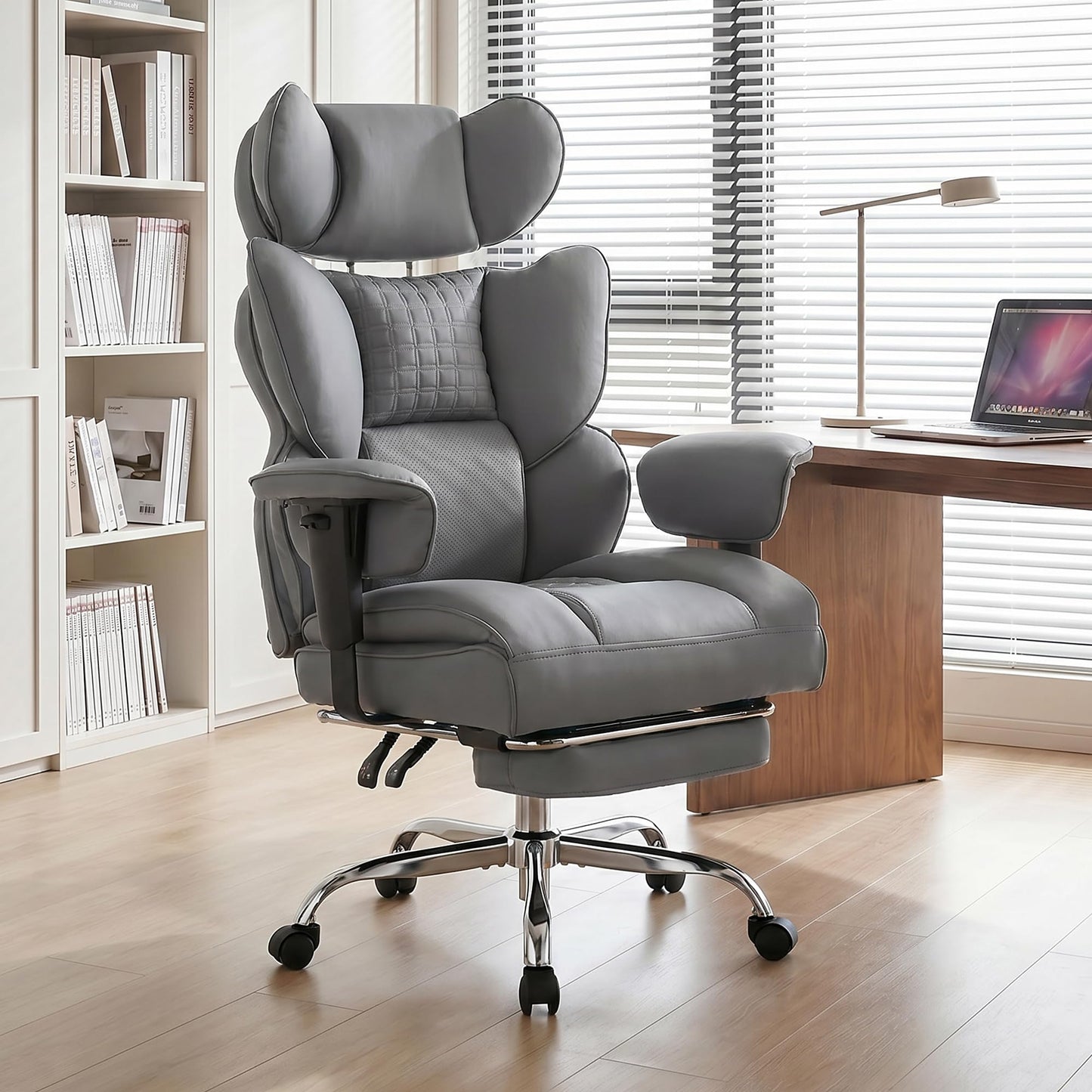 HAPPYMONT Big and Tall Ergonomic Office Chair,350 lbs,High Back Reclining PU Leather Gaming Chair with Footrest, Adjustable Armrests, Lumbar Support, Executive Desk Chair for Home Office, Grey