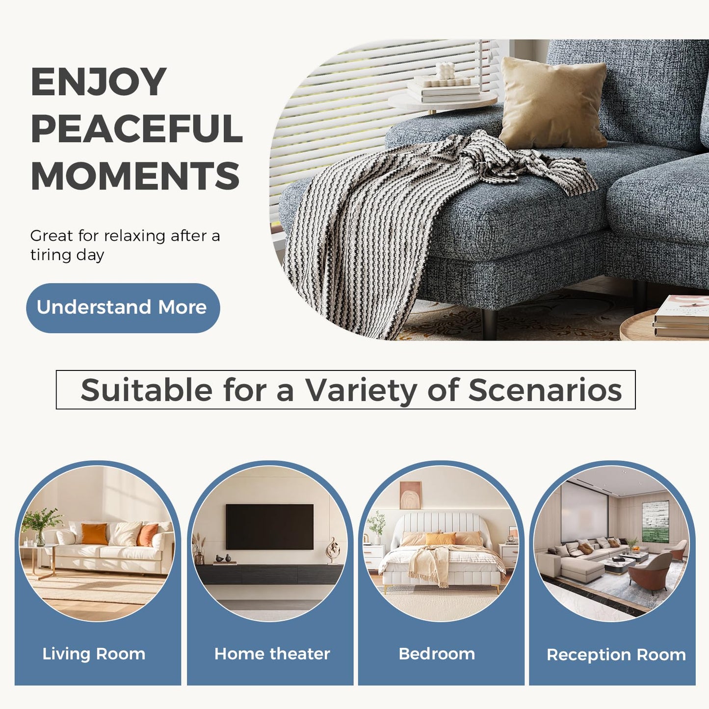 DUMOS Sectional Couches for Living Room, U Shaped Couch with Double Chaise Lounge, Modern Chenille Fabric 4-Seat Couch with Removable Pillows for Apartment/Small Space, Dark Grey