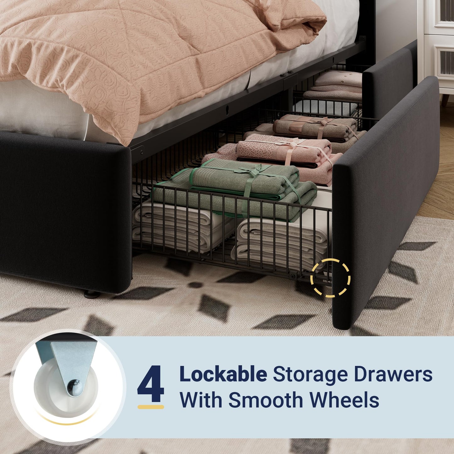 Allewie Queen Size Storage Bed Frame, Vertical Channel Tufted Adjustable Headboard, Velvet Upholstered Platform Bed with 4 Oversized Underbed Drawers, Wooden Slats Support, No Box Spring Needed, Black