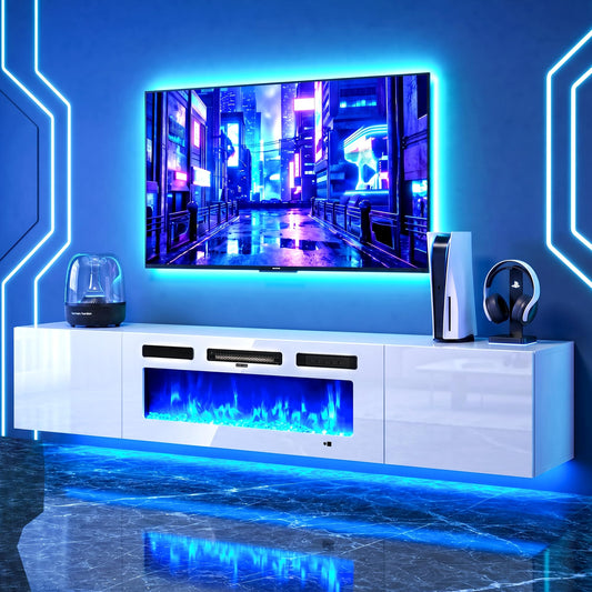 OneBlis 70" Floating TV Stand, Wall-Mounted Entertainment Center with 36" Electric Fireplace, Fits TVs Up to 80 Inches, Media Console with LED Lights for Living Room, White+White