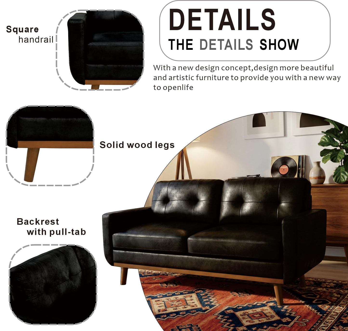 Ball & Cast 65" Loveseat Sofa,Mid Century Modern Love Seat Couches for Living Room,Button Tufted Upholstered Small Couch with Solid Wood Legs for Bedroom,Apartment,Office,Fabric,Black