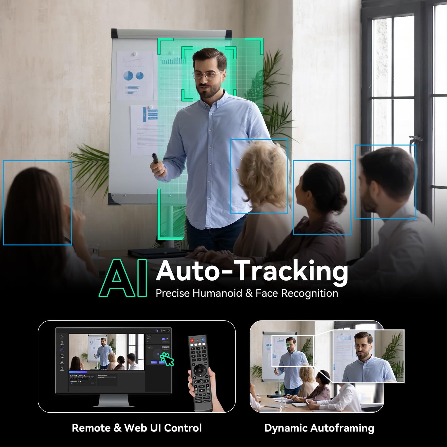 Tenveo 4K 20X NDI PTZ Camera with AI Humanoid & Face Auto-Tracking HDMI/USB3.0/LAN(PoE) (3pcs) and 7’’ LCD Quad-Screen NDI PTZ Joystick Controller and 8 Port PoE Switch Bundle/Kit for Live Production