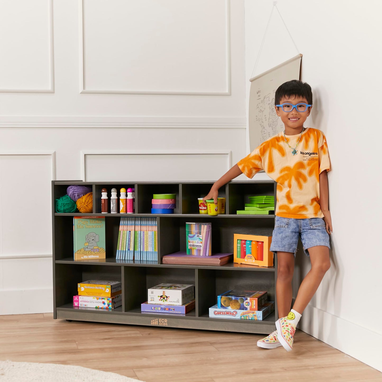 ECR4Kids 5+5 Cubby and Storage Mobile Tray Cabinet, Classroom Furniture, Grey Wash