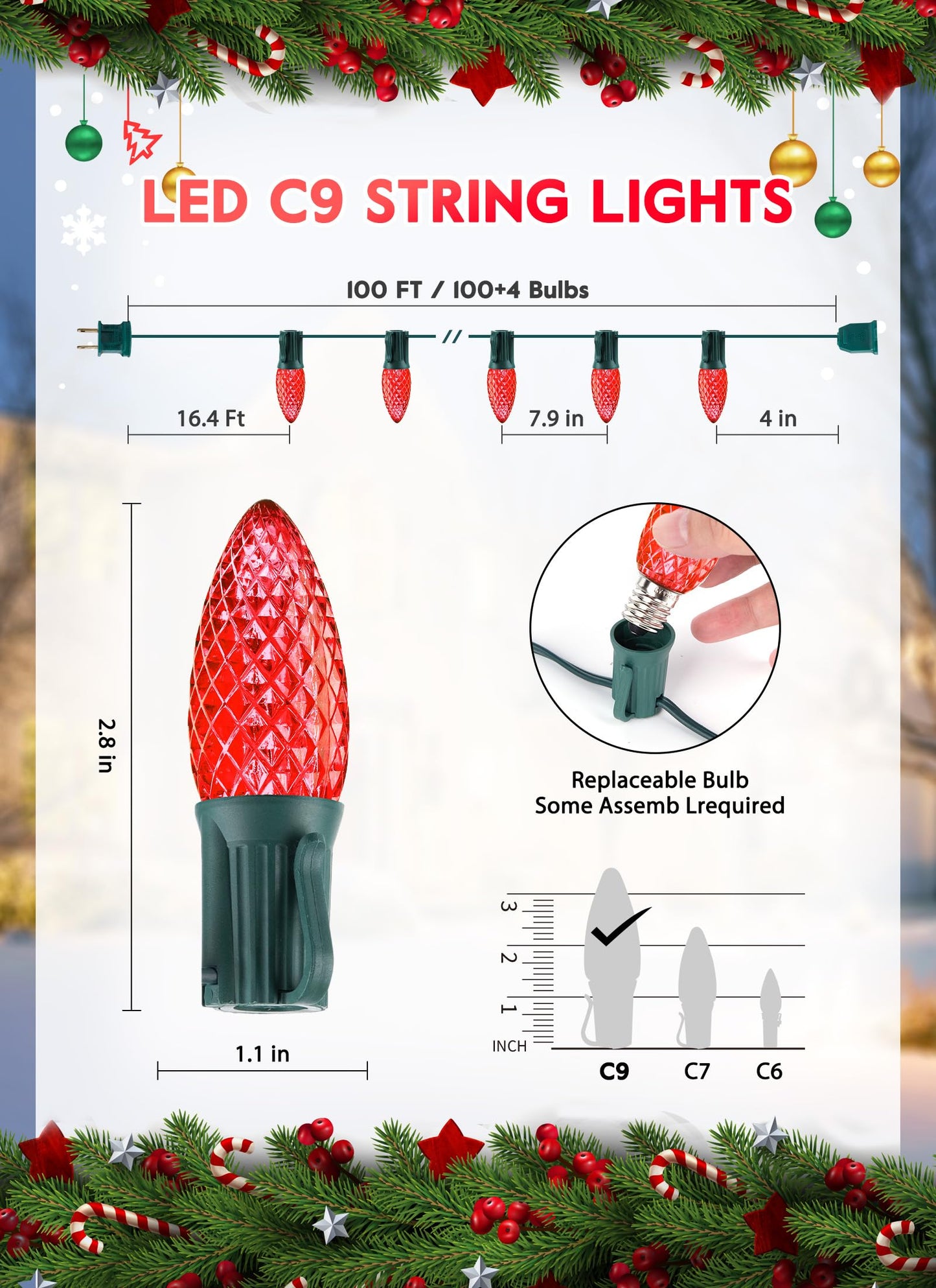 Minetom C9 Christmas String Lights, 100 Ft, 100 Red LED Bulbs, Connectable, UL Certified for Indoor/Outdoor Use
