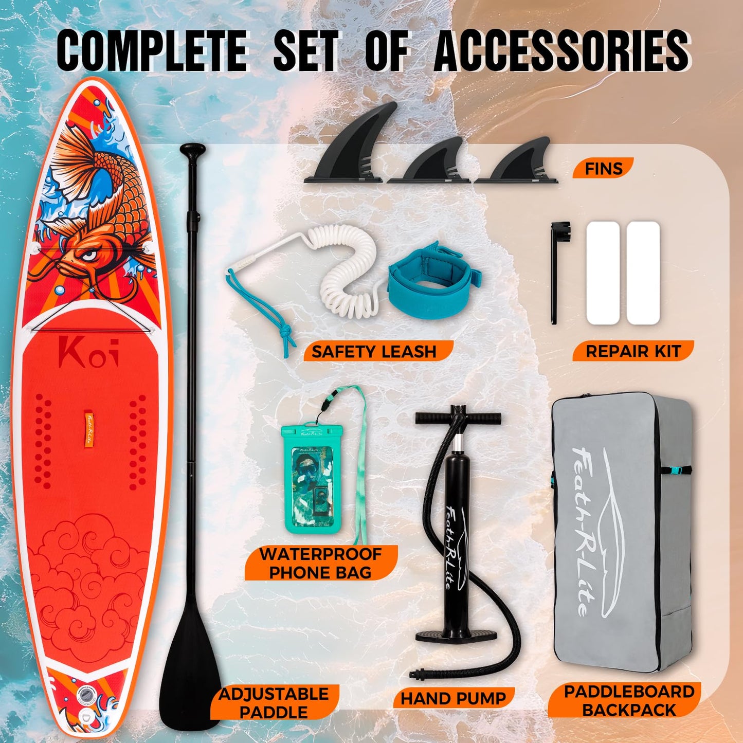 FEATH-R-LITE Inflatable Paddle Board Stand Up Paddleboards for Adults SUP with Premium Accessories Pump, Adjustable Paddle, Leash, Three Fins, Backpack (Red Koi)