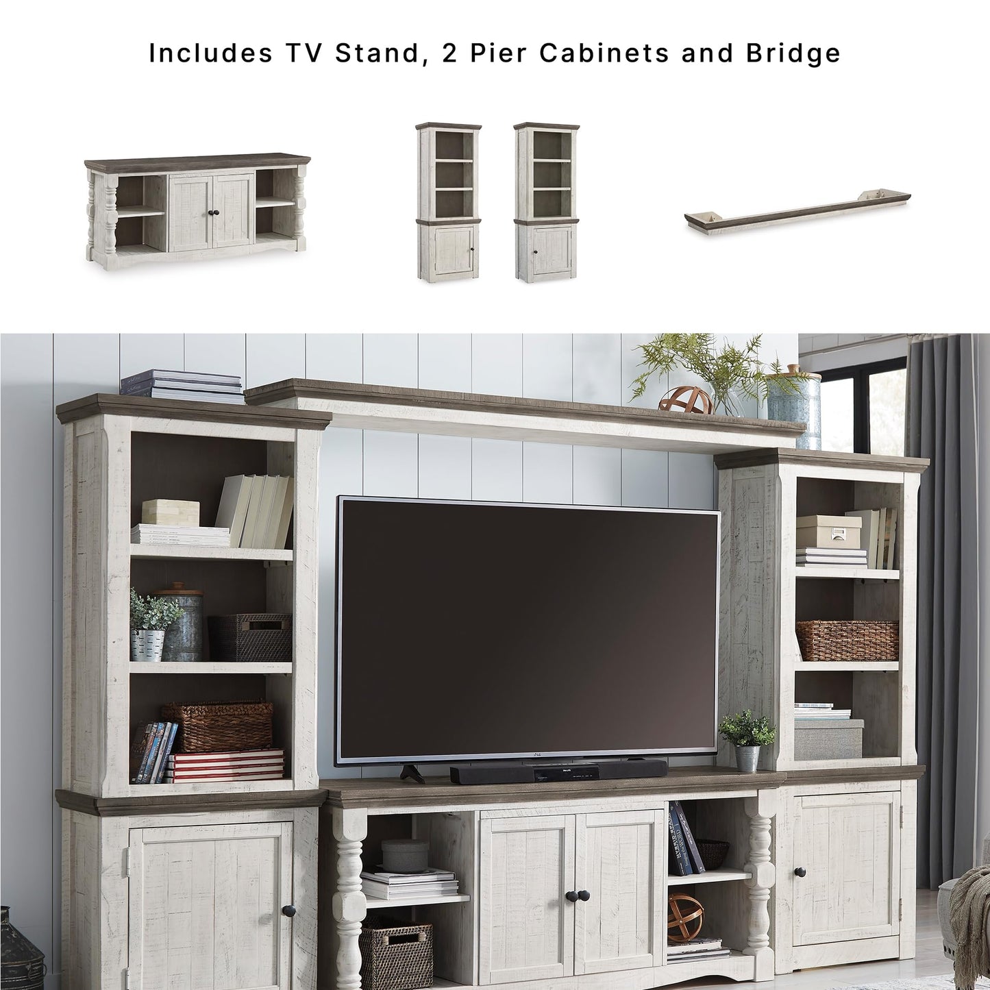 Signature Design by Ashley Havalance 4-Piece Entertainment Center, Wall Unit TV Stand with Shelves, Pine Wood, Pine Veneer and Engineered Wood Construction for Living Rooms, White & Gray