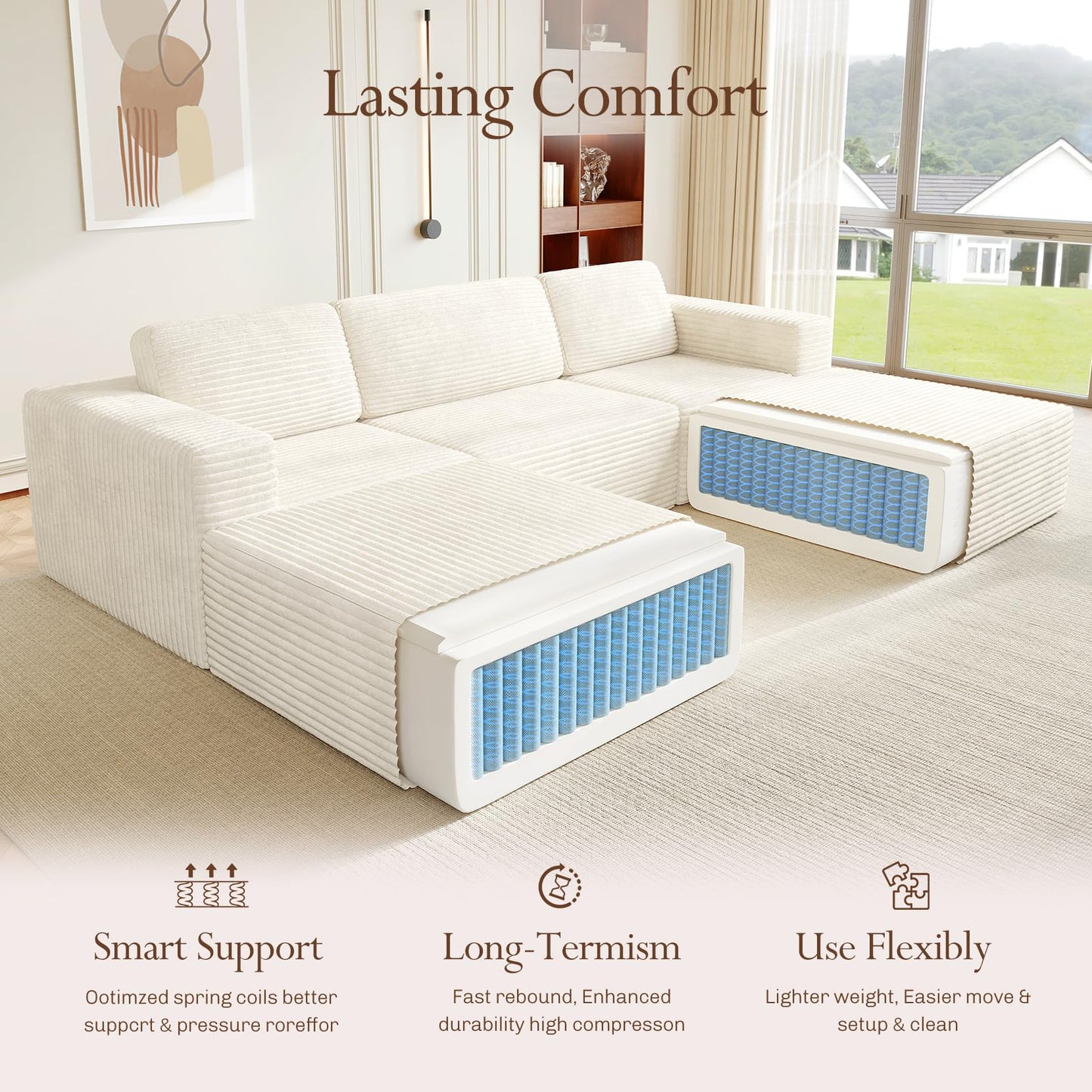 119" U-Shaped Modular Cloud Sofa, Corduroy Sectional Couch with Extra Deep Seats & Durable Spring Support, Convertible Boneless Sofa Set with Dual Ottomans, No Assembly, Beige