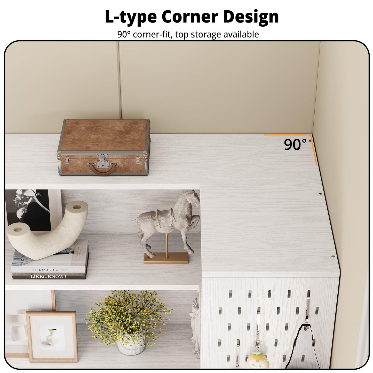 IRONCK Corner Bookshelf with LED Lights, 78.7" Tall Corner Bookshelves with 2 Drawers & Transparent Doors, 7 Tiers L-Shaped Bookcase with Open Shelves and Pegboards for Living Room, Home Office, White