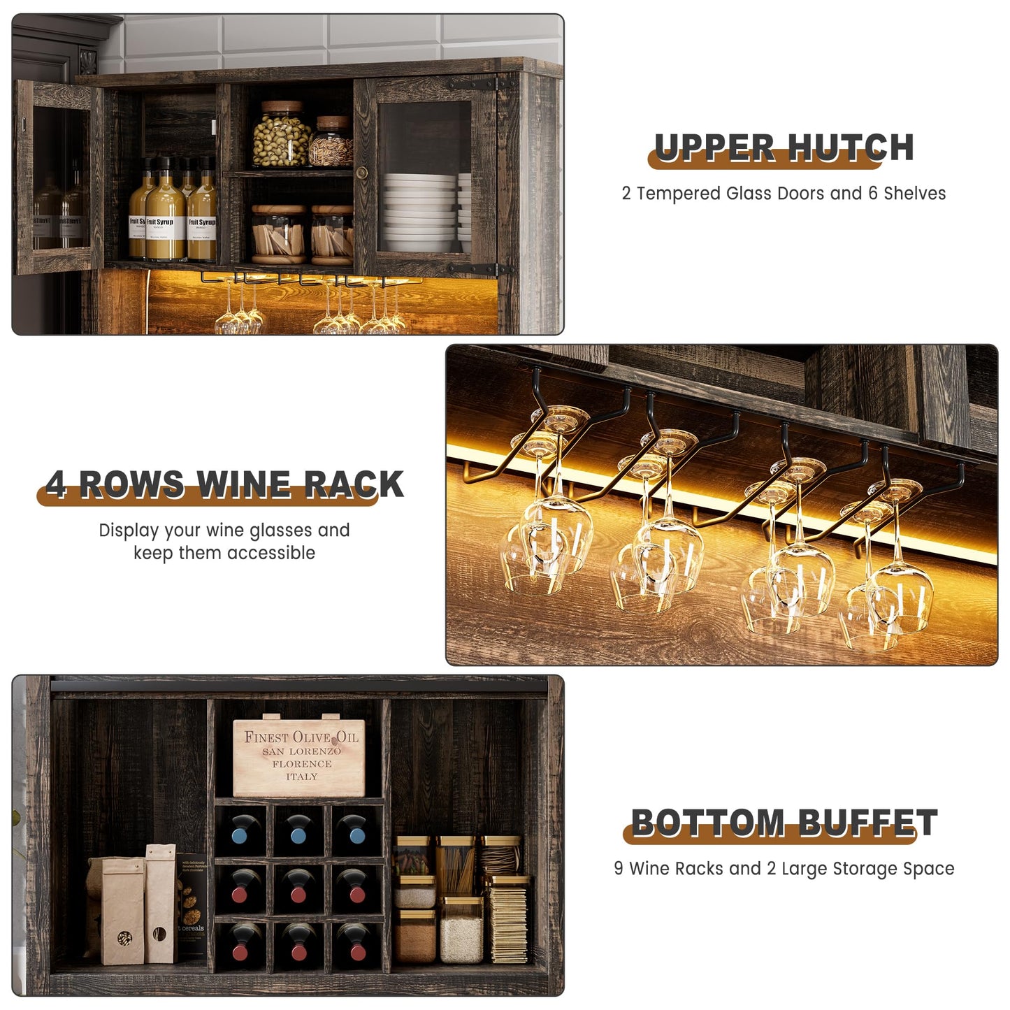 IDEALHOUSE 72" Modern Farmhouse Coffee Bar Cabinet with LED Lights & Power Outlets, Sliding Barn Doors, Rustic Dark Oak Kitchen Buffet with Wine Storage, Ample Storage for Home Bar, Microwave