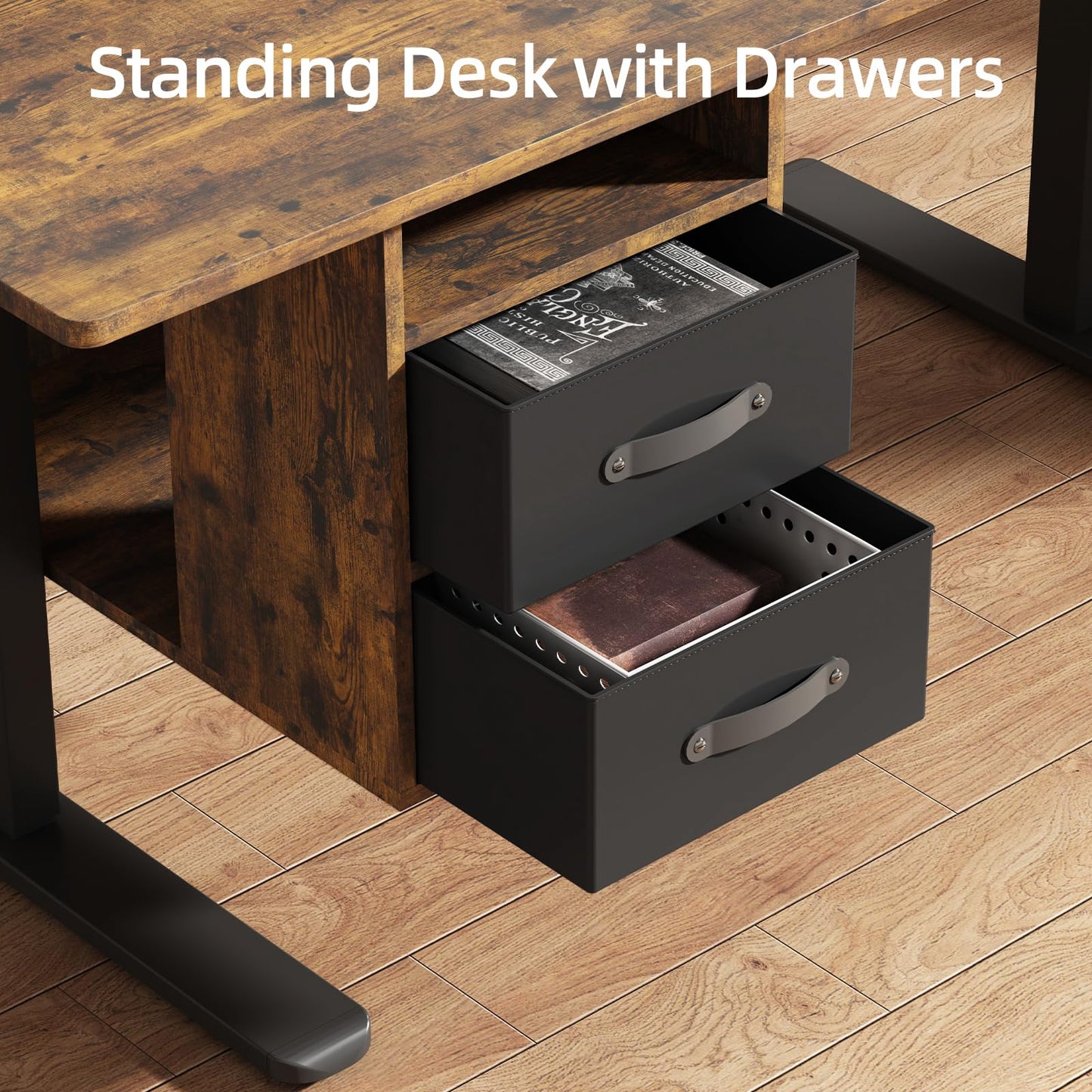 63x24 Inches Standing Desk with Drawers, Electric Computer Desk with Open Storage Shelf, Stand Up Desk, Adjustable Height 28-46 Inches for Home and Computer Workstation, Rustic Brown