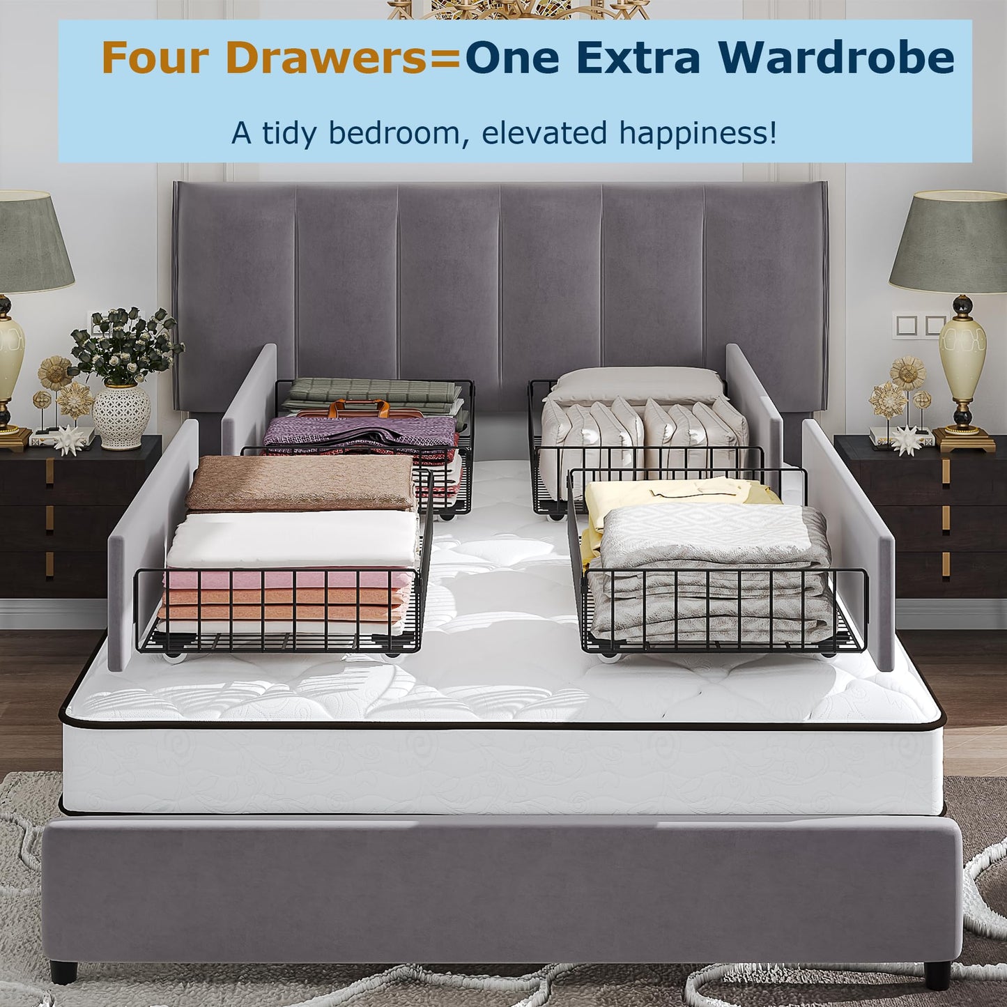 VECELO Full Size Bed Frame with 4 Storage Drawers, Adjustable Height Headboard, Heavy-Duty Platform Bedframe with Strong Wooden Slats, No Box Spring Needed, Dark Grey