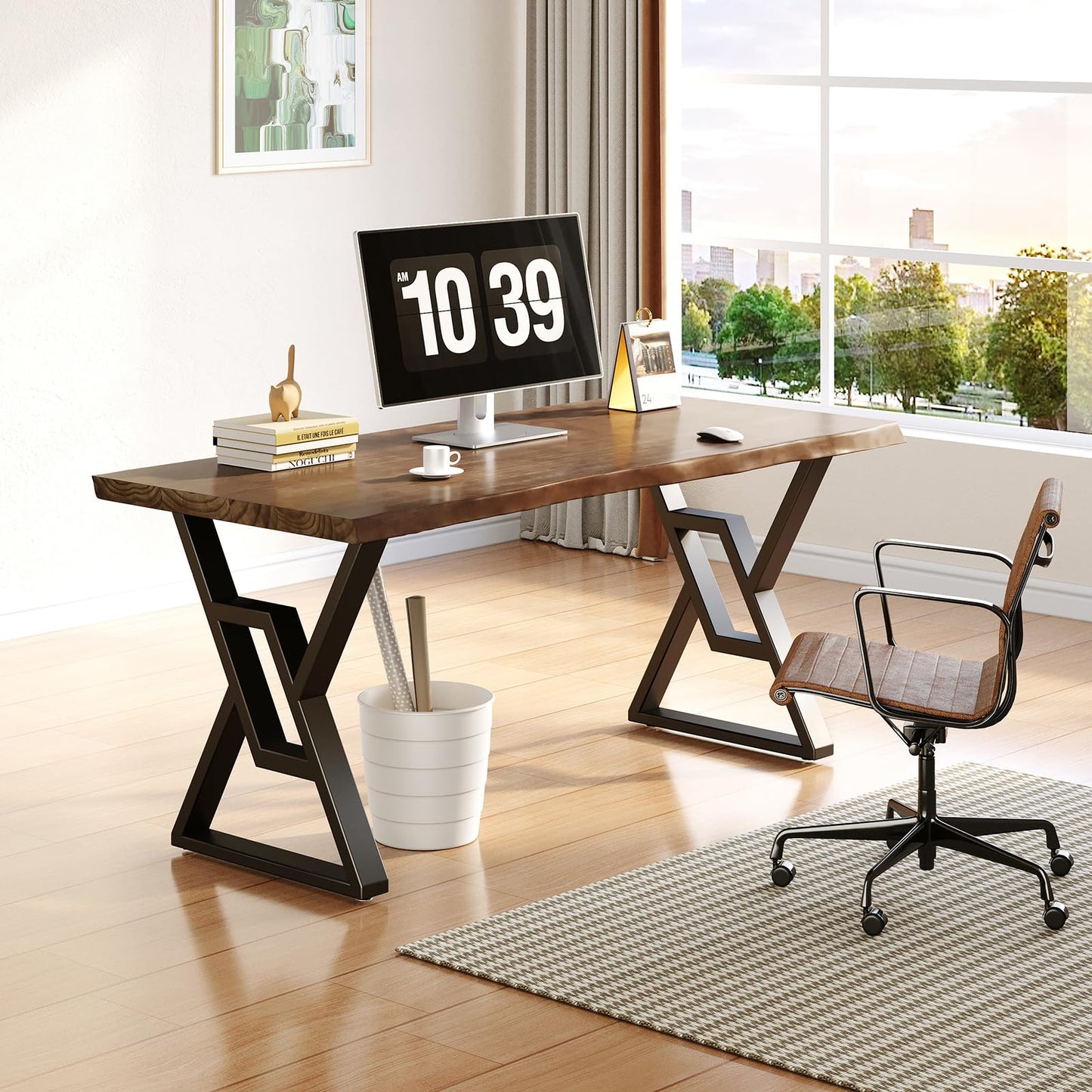 QZYJKJ 55 Inch Solid Wood Computer Desk, Rustic Brown Home Office Desk with Metal Frame, Large Writing Desk for Study, Gaming, Workstation & Dining Room, Modern Farmhouse Design