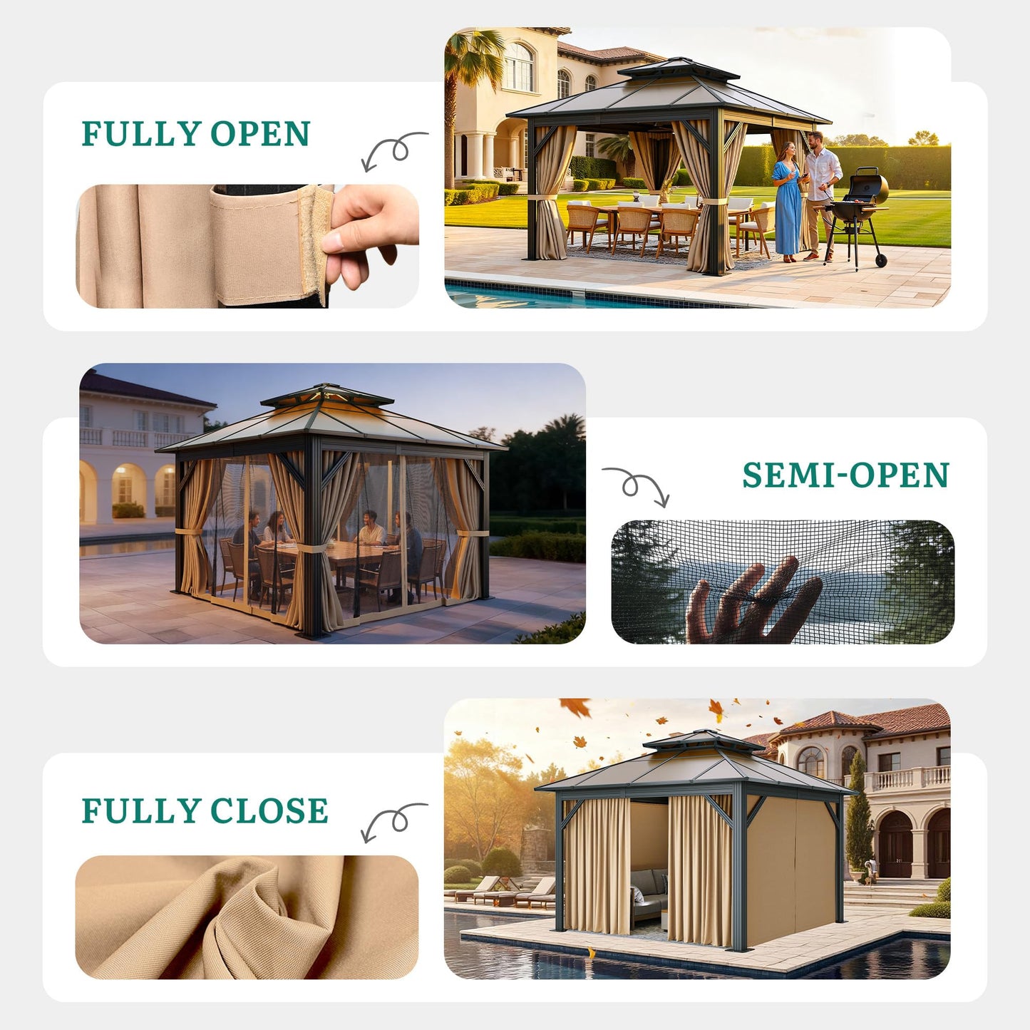 YITAHOME 10x10FT Gazebo Hard-Top Double Roof Canopy Outdoor with Netting and Shaded Curtains, Metal Frame Polycarbonate Hardtop Garden Tent for Patio, Backyard, Deck and Lawns, Brown