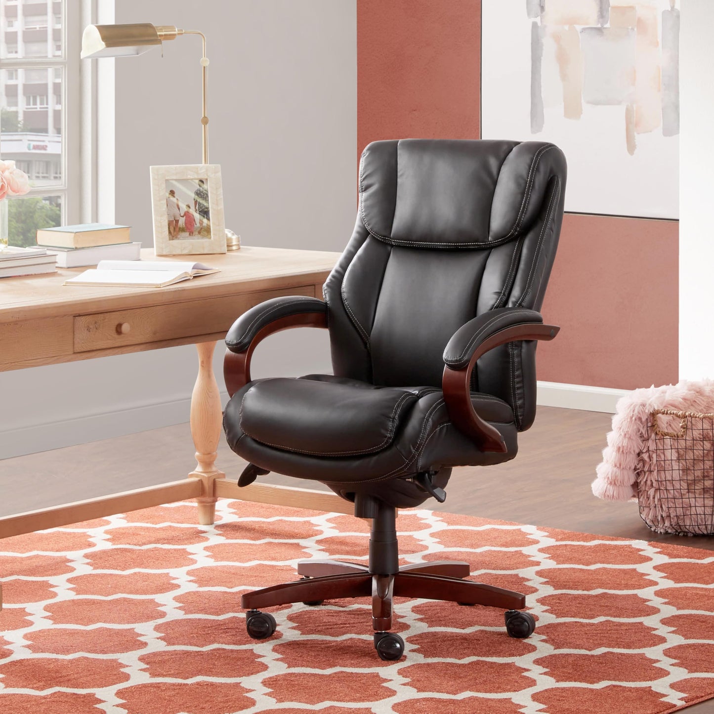 La-Z-Boy® Bellamy Executive Office Chair with Memory Foam Cushions, Real Wood Arms and Swivel Base, Waterfall Seat Edge, Faux Bonded Leather, Black