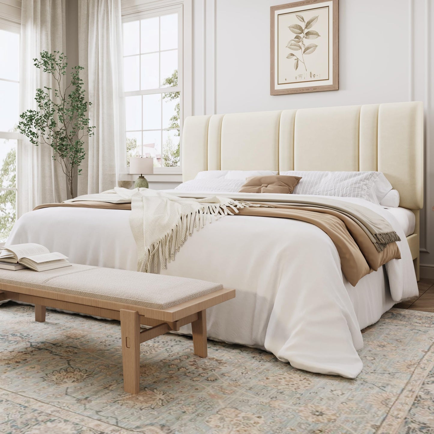 SHA CERLIN King Size Platform Bed Frame, Velvet Upholstered Bed with Adjustable Headboard, Vertical Channel Tufted Design, Sturdy Wood Slat Support, No Box Spring Needed, Easy Assembly, Cream White