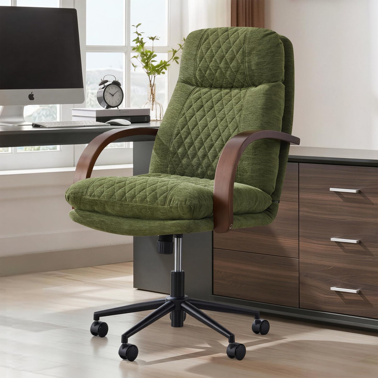 KISLOT Home Office Desk Chair, Ergonomic Office Chair with Lumbar Support, Adjustable Swivel Computer Chair with Wheels, Fabric Executive Task Chair with Wood Arms, Moss Green