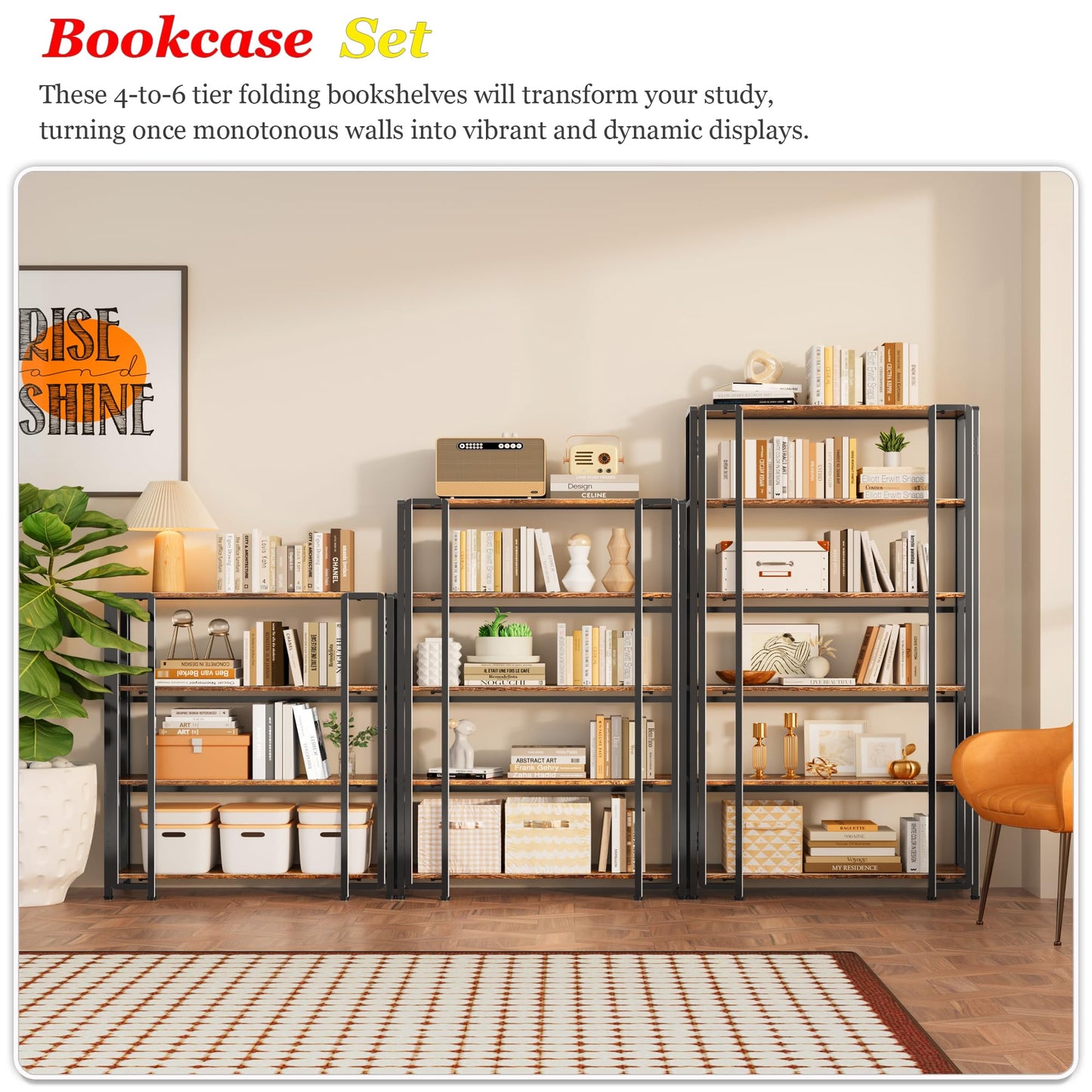 UDD 6 Tier Wide Folding Bookshelf No Tools Assembly, 55.5" H x 30.9" W, Foldable Book Shelf Vintage Collapsible Bookcase, Industrial Storage Shelves for Bedroom Office Living Room, Rustic Brown Black