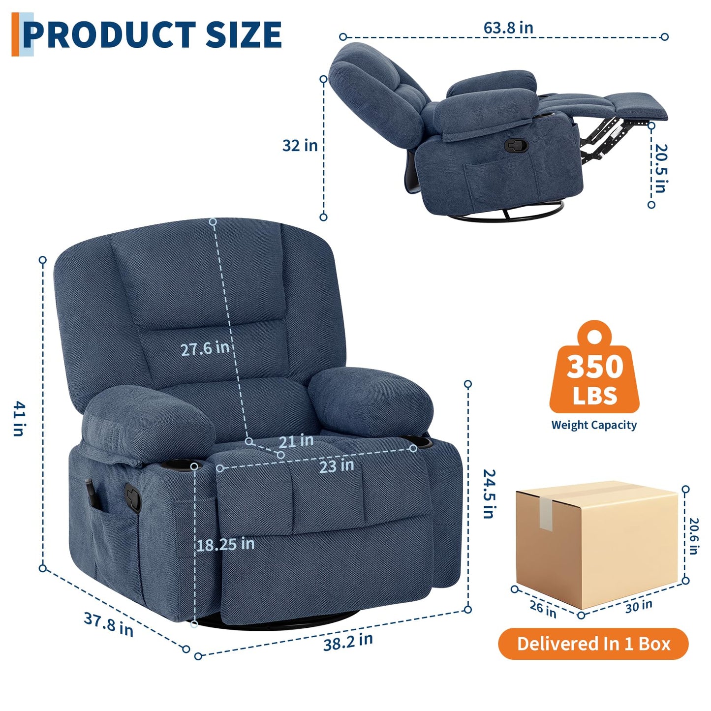 Rocker Recliner Chair with Heat and Massage,Nursery Recliner 360° Swivel Oversized Chairs for Adults,Chenille Lazy Boy Single Sofa Seat with 3 Positions,Side Pockets,2 Cup Holders for Living Room,Blue