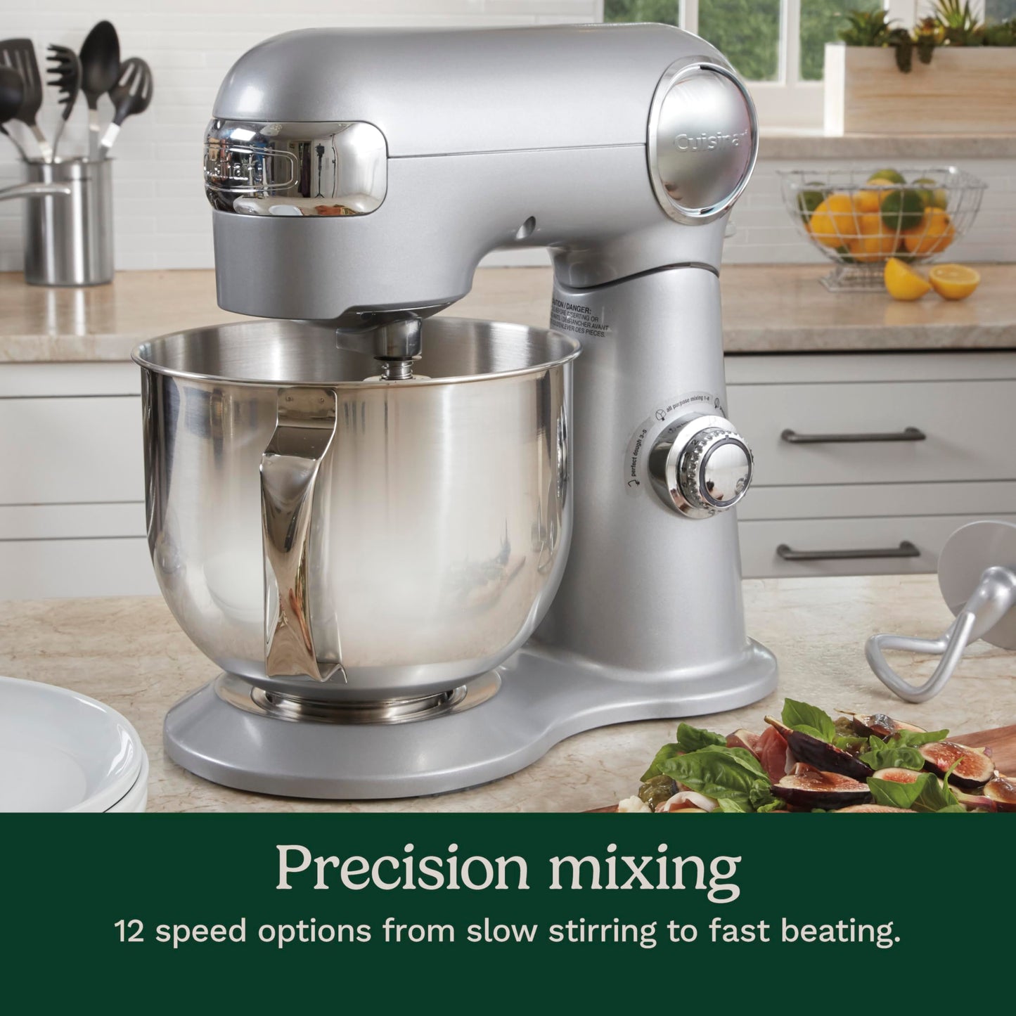 Cuisinart Stand Mixer, 12 Speeds, 5.5-Quart Mixing Bowl, Chef's Whisk, Flat Mixing Paddle, Dough Hook, and Splash Guard with Pour Spout, Silver Lining, SM-50BCNAS, Silver Lining